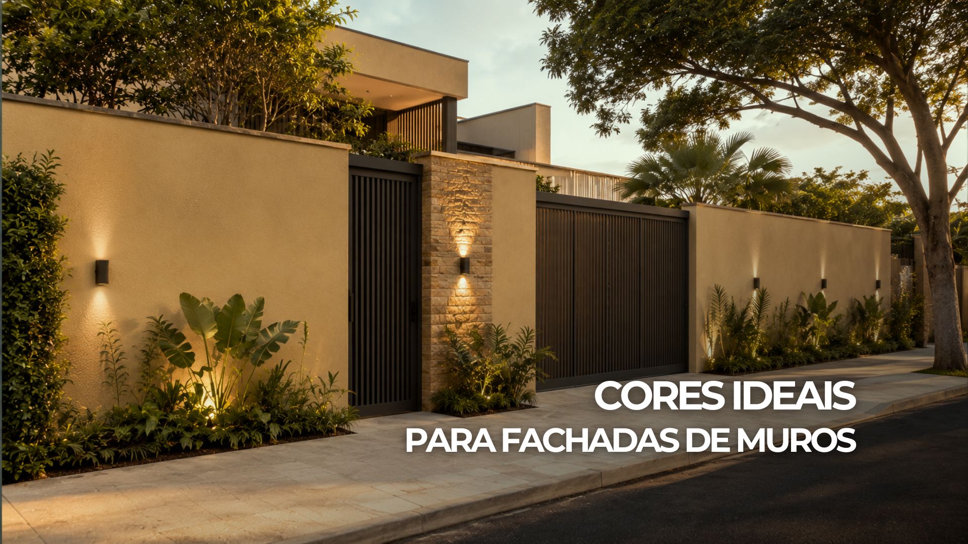 Fachada residencial com muro em tom areia, portão grafite, pedra clara e vegetação.