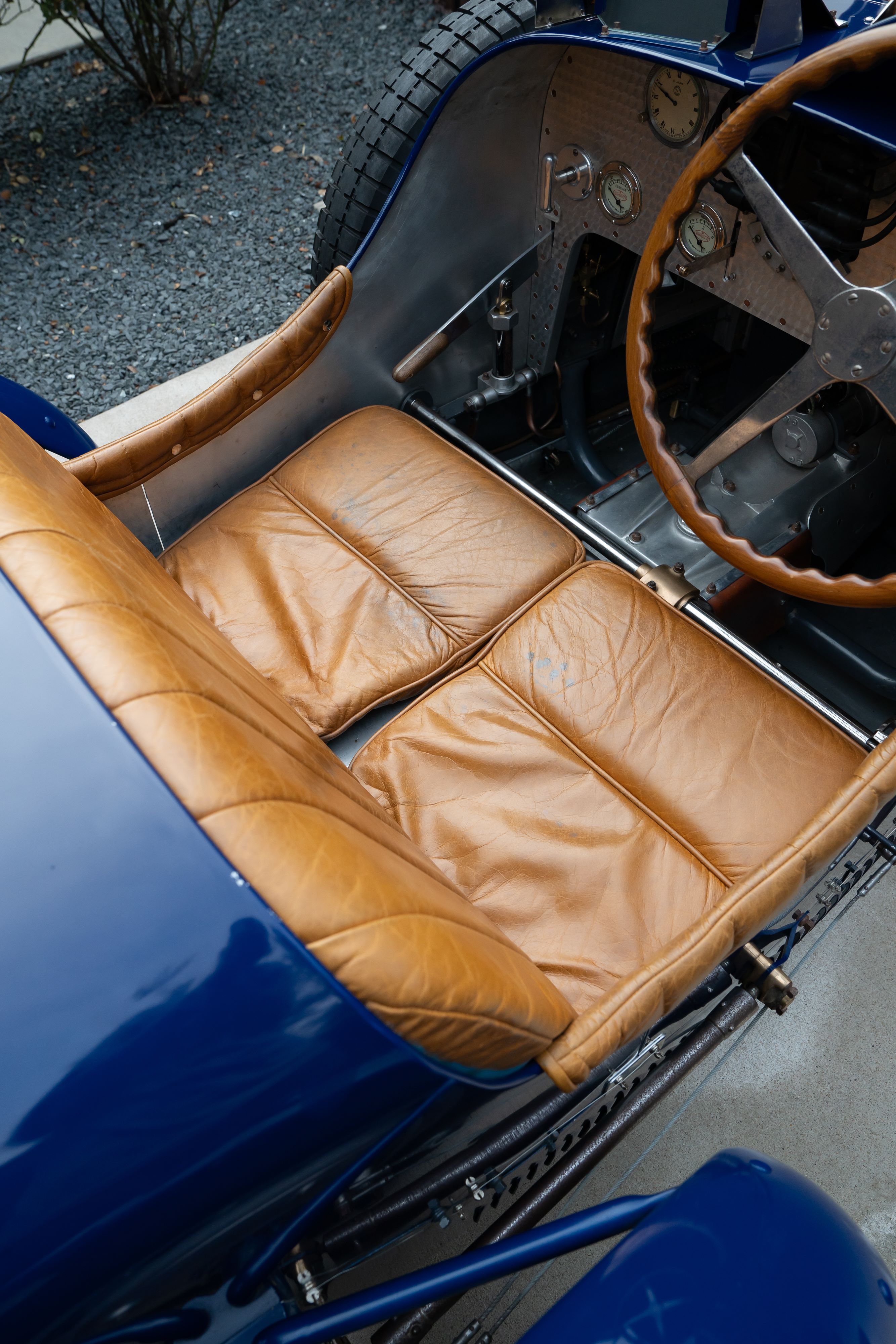 Interior of a Pur Sang Bugatti Type 35 in Blue over Brown shot in Austin, TX.