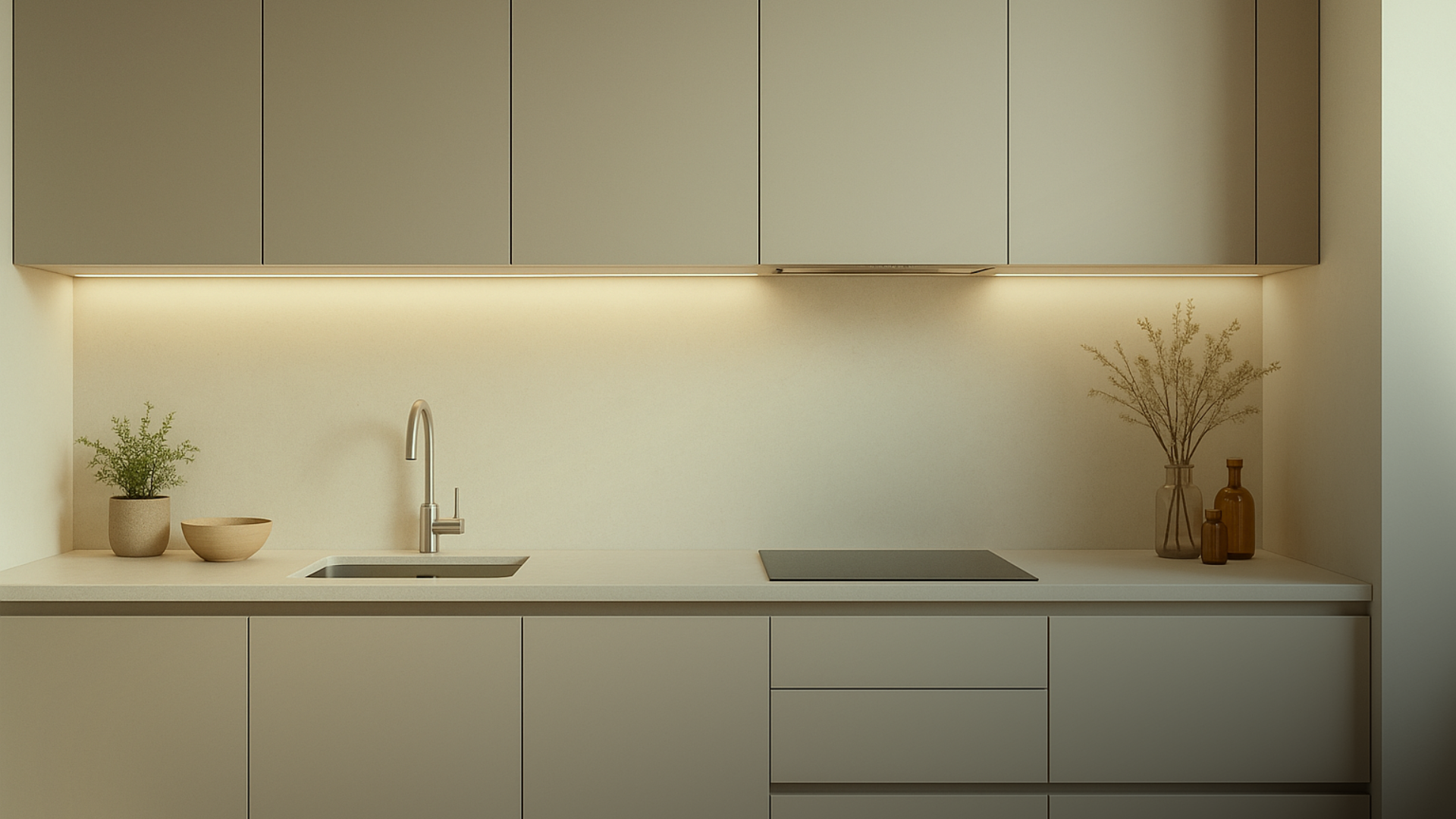 Cozinha contemporânea com bancada neutra, armários em tons suaves e iluminação embutida de tarefa