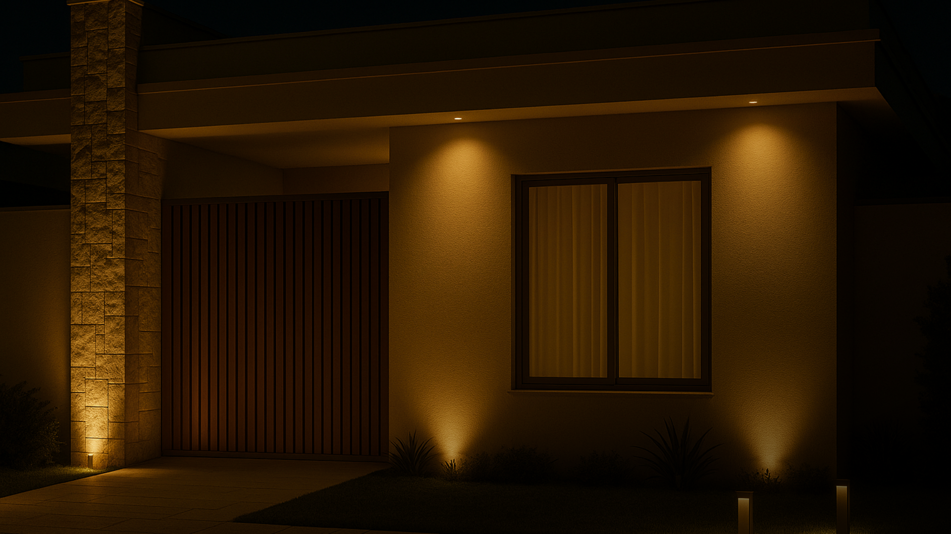 Vista noturna da fachada bege com iluminação quente destacando volumes e caminhos.