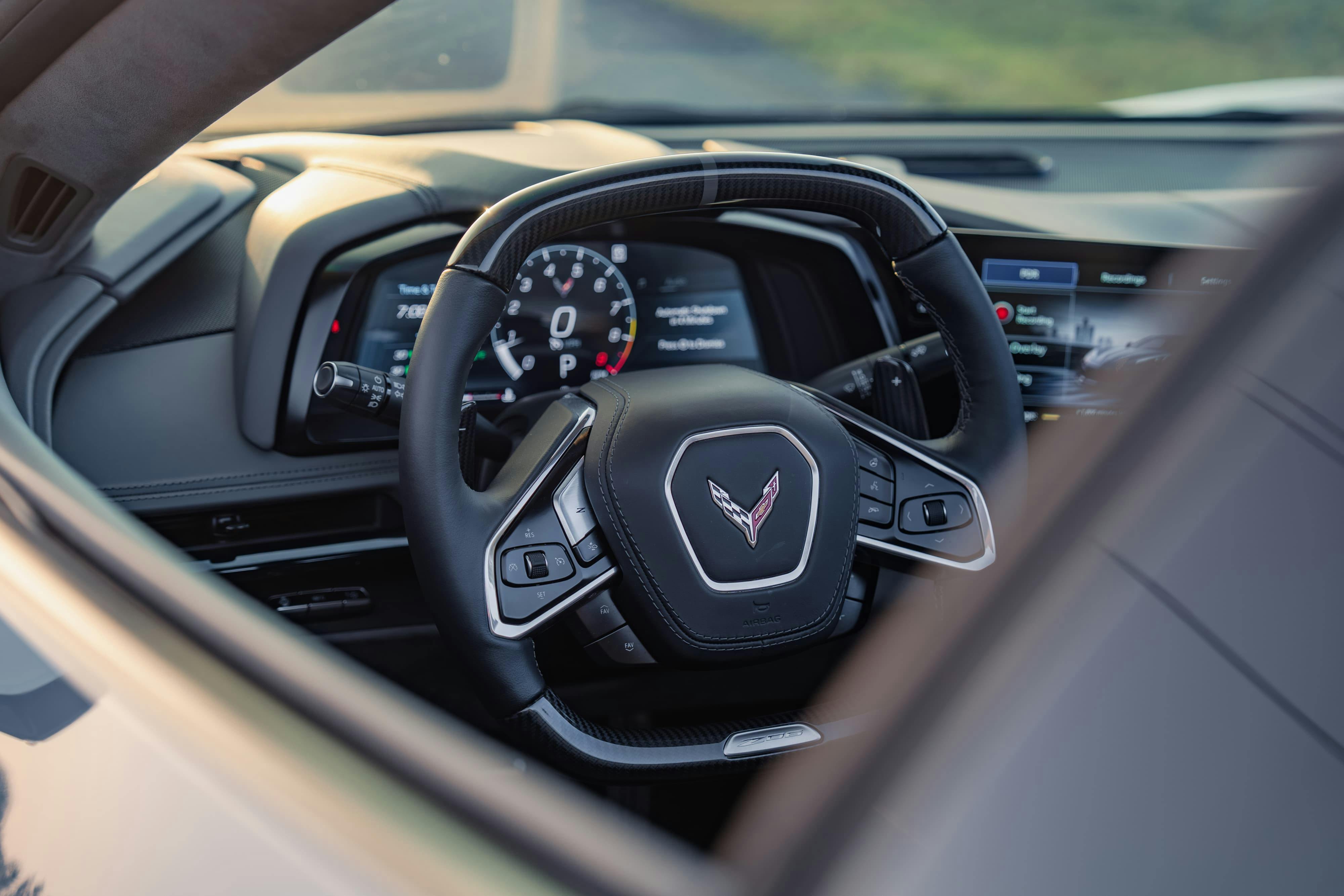 Interior of a 2025 Chevrolet Corvette Z06 in Sea Wolf Gray Tricoat in Dripping Springs, TX.