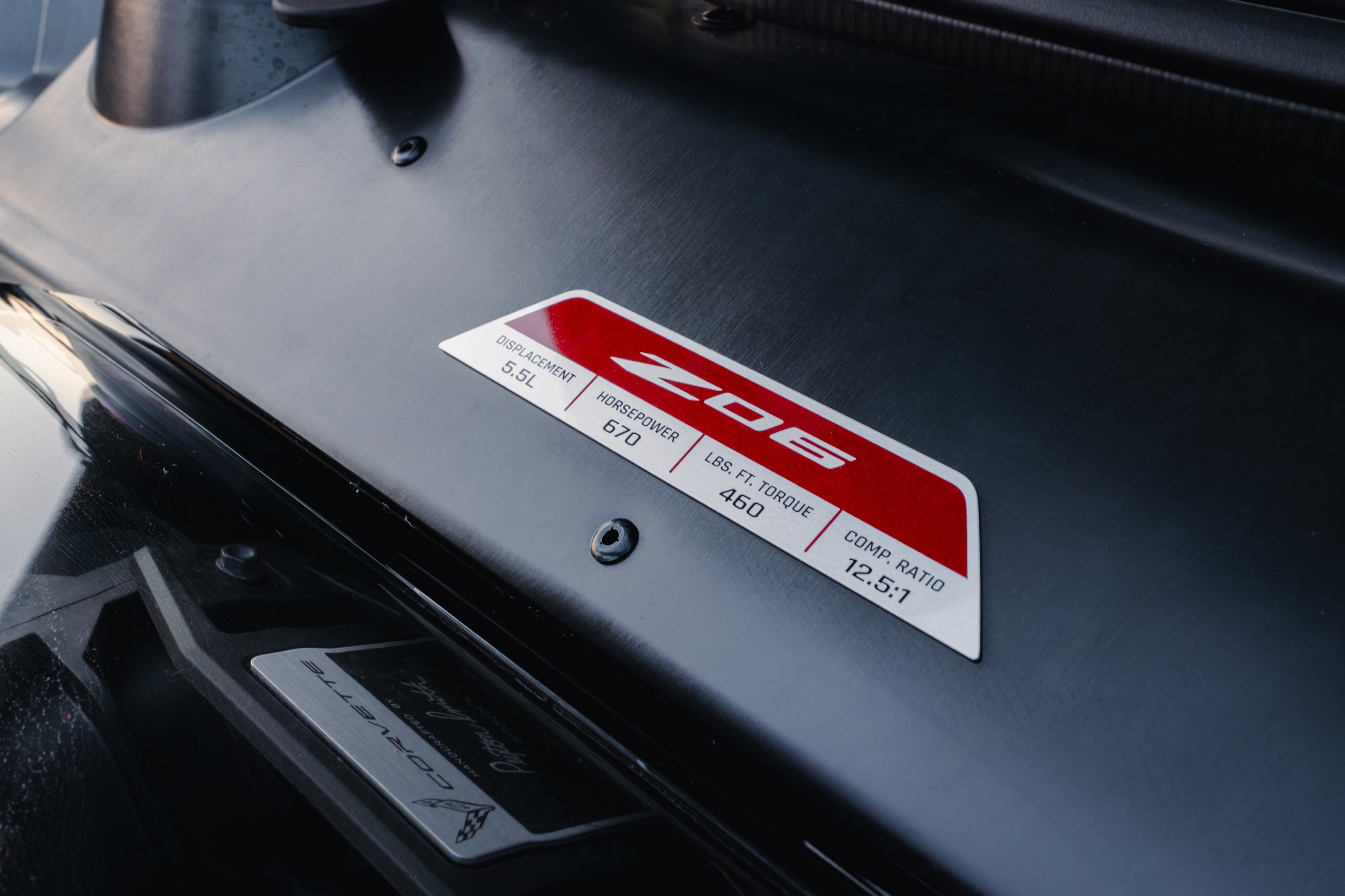 Build plaque for a 2025 Chevrolet Corvette Z06 in Sea Wolf Gray Tricoat in Dripping Springs, TX.
