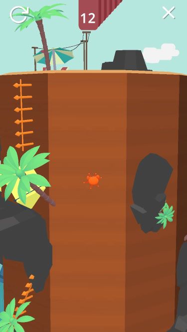 The crab character successfully climbing the sand tower! "The crab character successfully climbing the sand tower!"