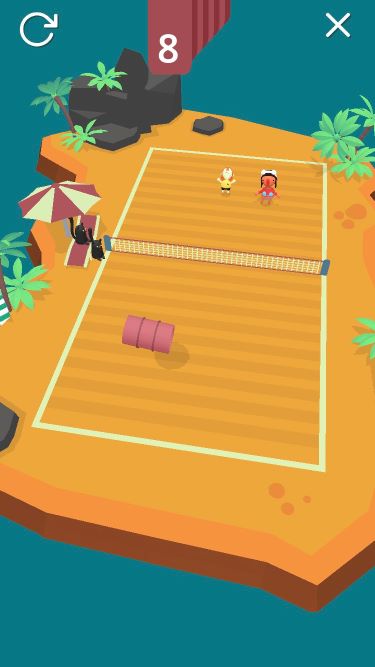 The same volleyball court from before but the player is standing next to the person throwing explosive barrels. "The same volleyball court from before but the player is standing next to the person throwing explosive barrels."