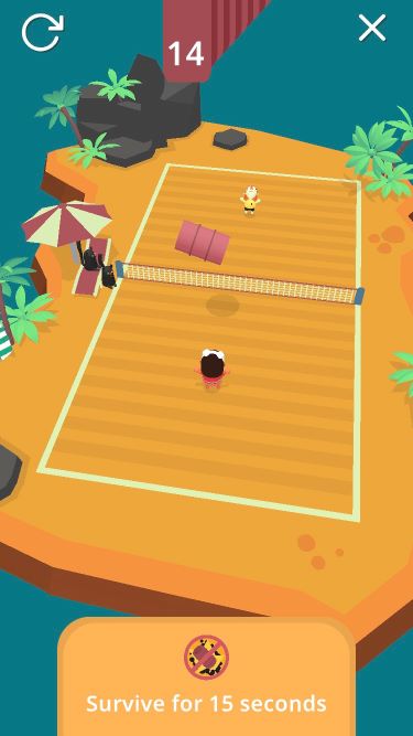 A volleyball court level in WHAT THE GOLF? where the player must survive explosive barrels thrown at them for 15 seconds "A volleyball court level in WHAT THE GOLF? where the player must survive explosive barrels thrown at them for 15 seconds"