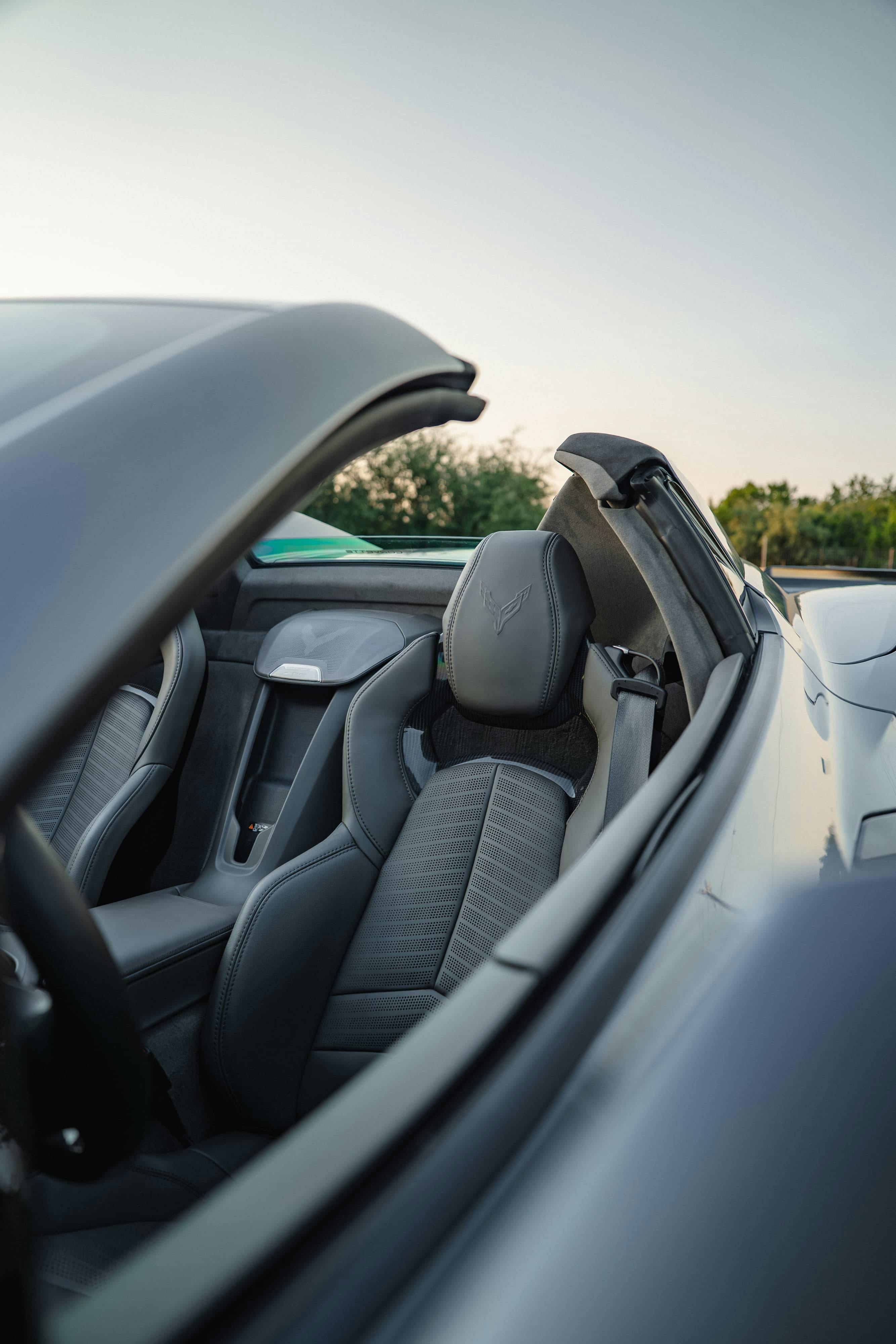 Interior of a 2025 Chevrolet Corvette Z06 in Sea Wolf Gray Tricoat in Dripping Springs, TX.