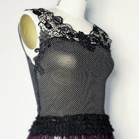 Black Floral Lace Sheer Mesh Crop Top, Soft Stretchy Elegant Sleeveless Cropped Top, Sexy See Through Point D'sprit Polka Dot Lingerie Top M