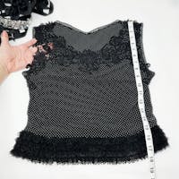 Black Floral Lace Sheer Mesh Crop Top, Soft Stretchy Elegant Sleeveless Cropped Top, Sexy See Through Point D'sprit Polka Dot Lingerie Top M