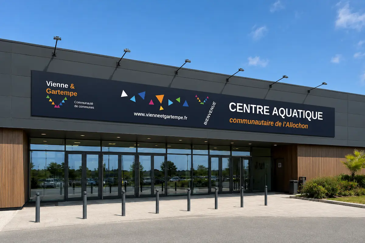 Bandeau signalétique en dibond de 13,62 m installé sur le muret d'entrée du Centre Aquatique de l'Allochon, aux couleurs Vienne & Gartempe