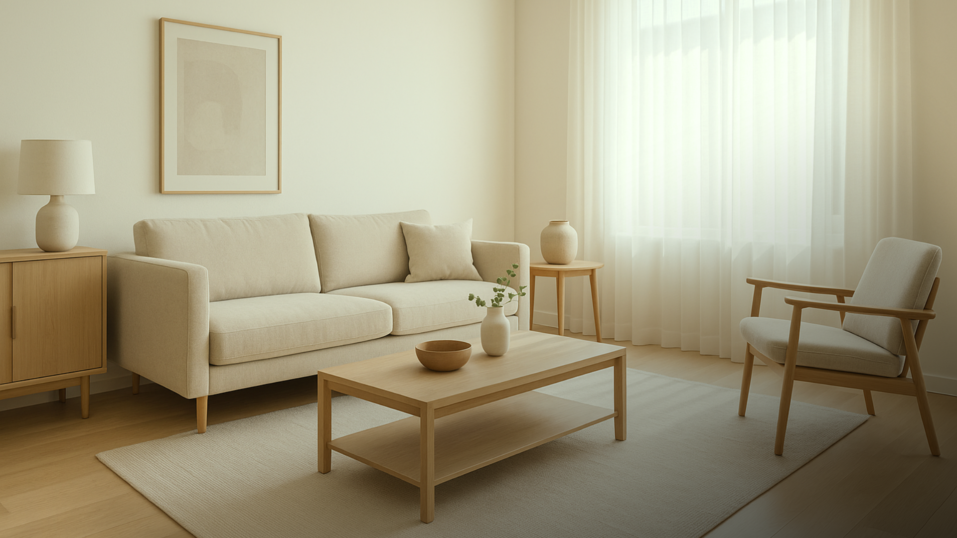 Sala contemporânea com tapete baixo, tons neutros e composição de mobiliário leve