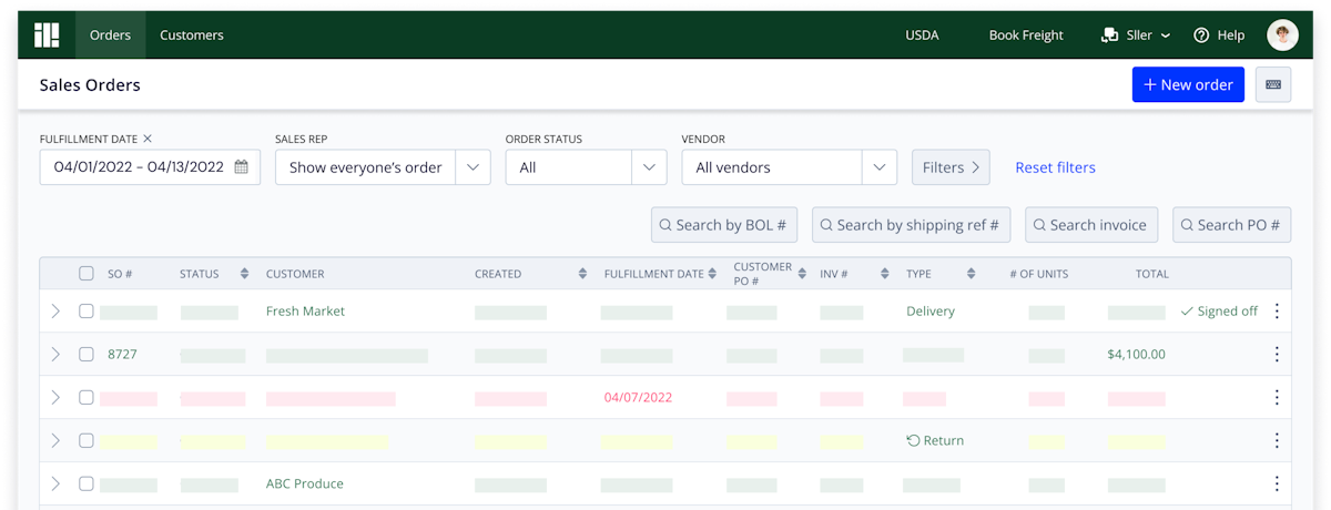 Screenshot of sales orders in Silo's software