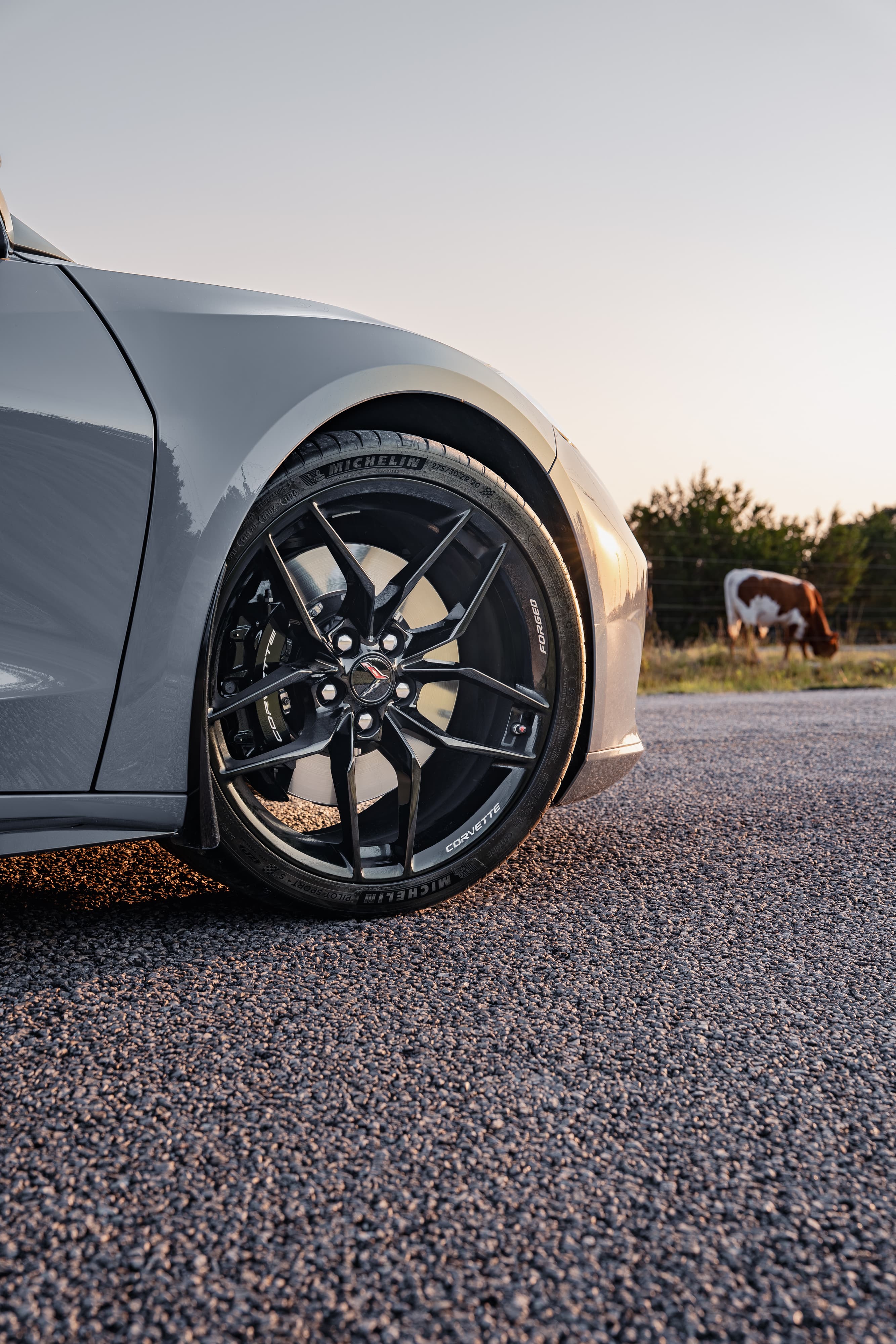 Front wheel of a 2025 Chevrolet Corvette Z06 in Sea Wolf Gray Tricoat in Dripping Springs, TX.