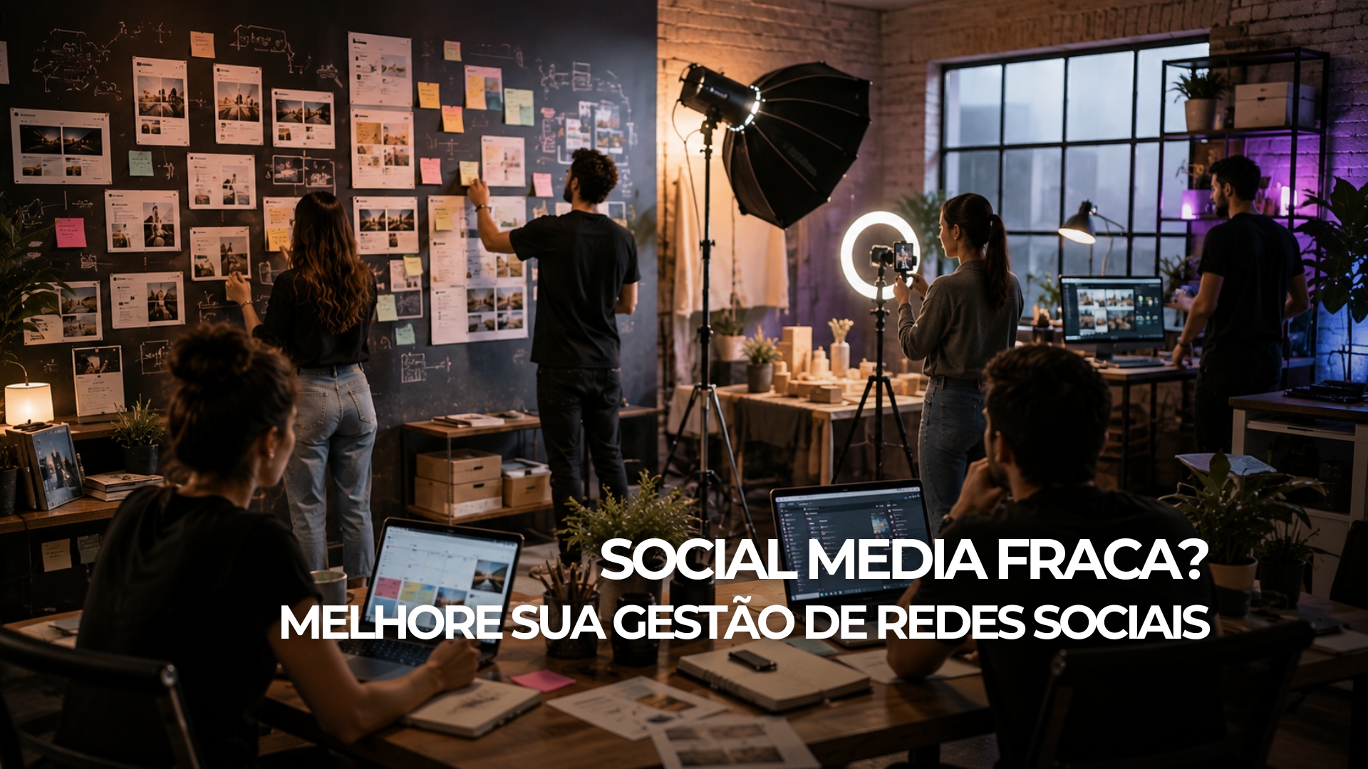 Banner sobre gestão de redes sociais com equipe criando conteúdo em ambiente criativo, estratégia digital, planejamento de marca e interação com clientes