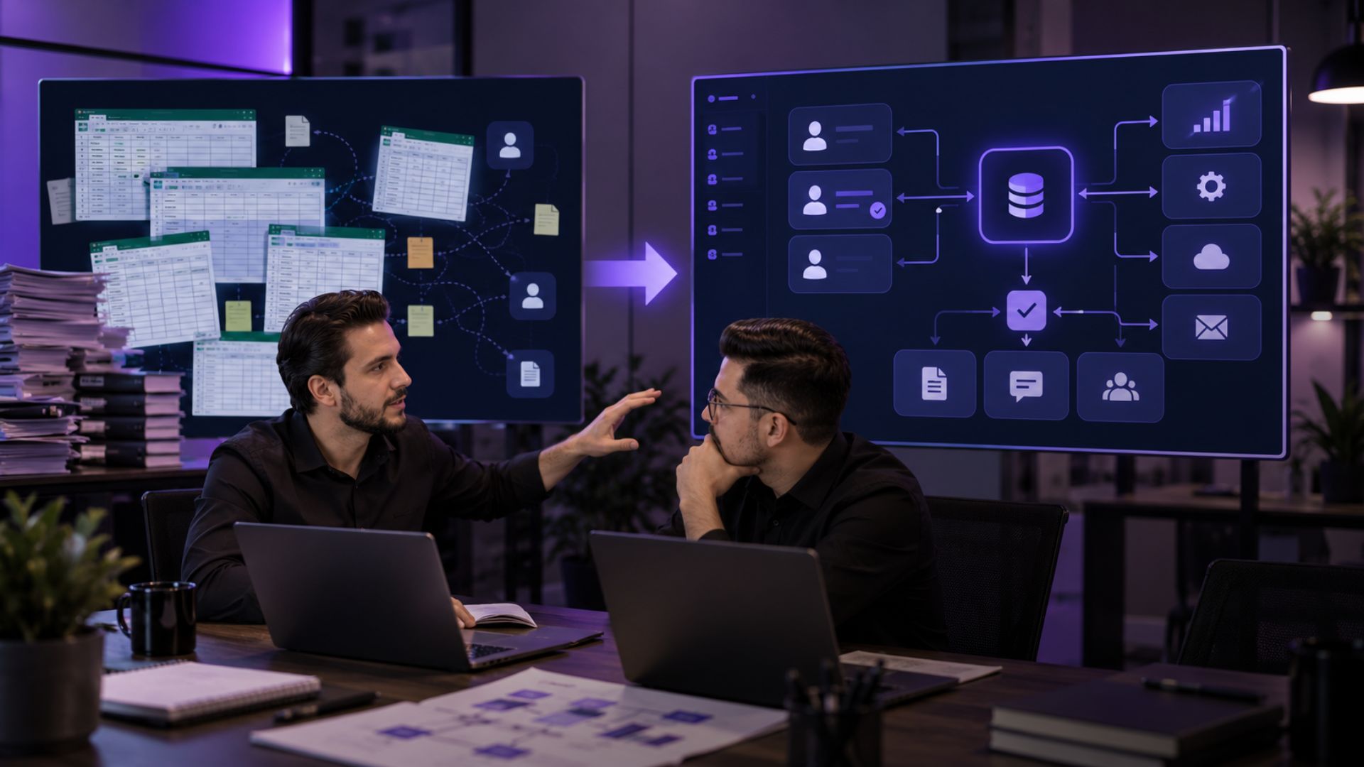 Diagrama compara processo com planilhas desconectadas e sistema centralizado com integrações.