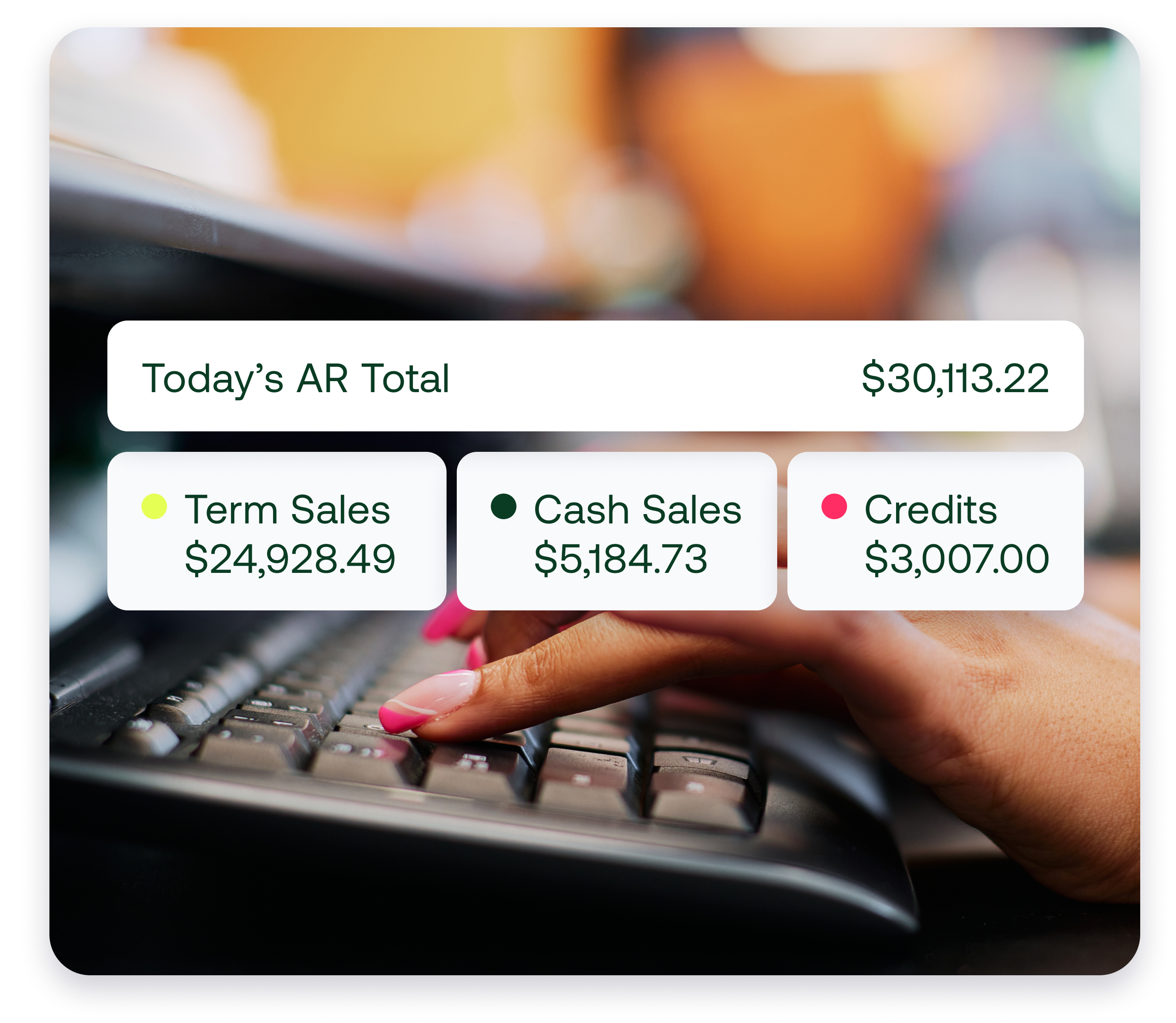 Bookkeeping totals over an image of hands typing on keyboard