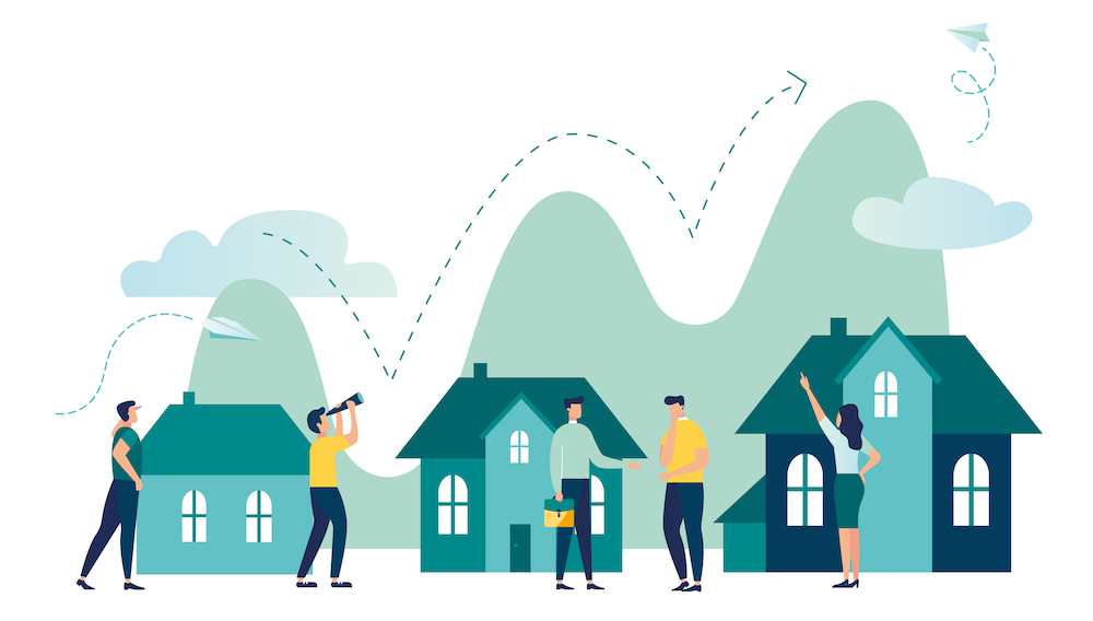 Illustration of people looking at houses
