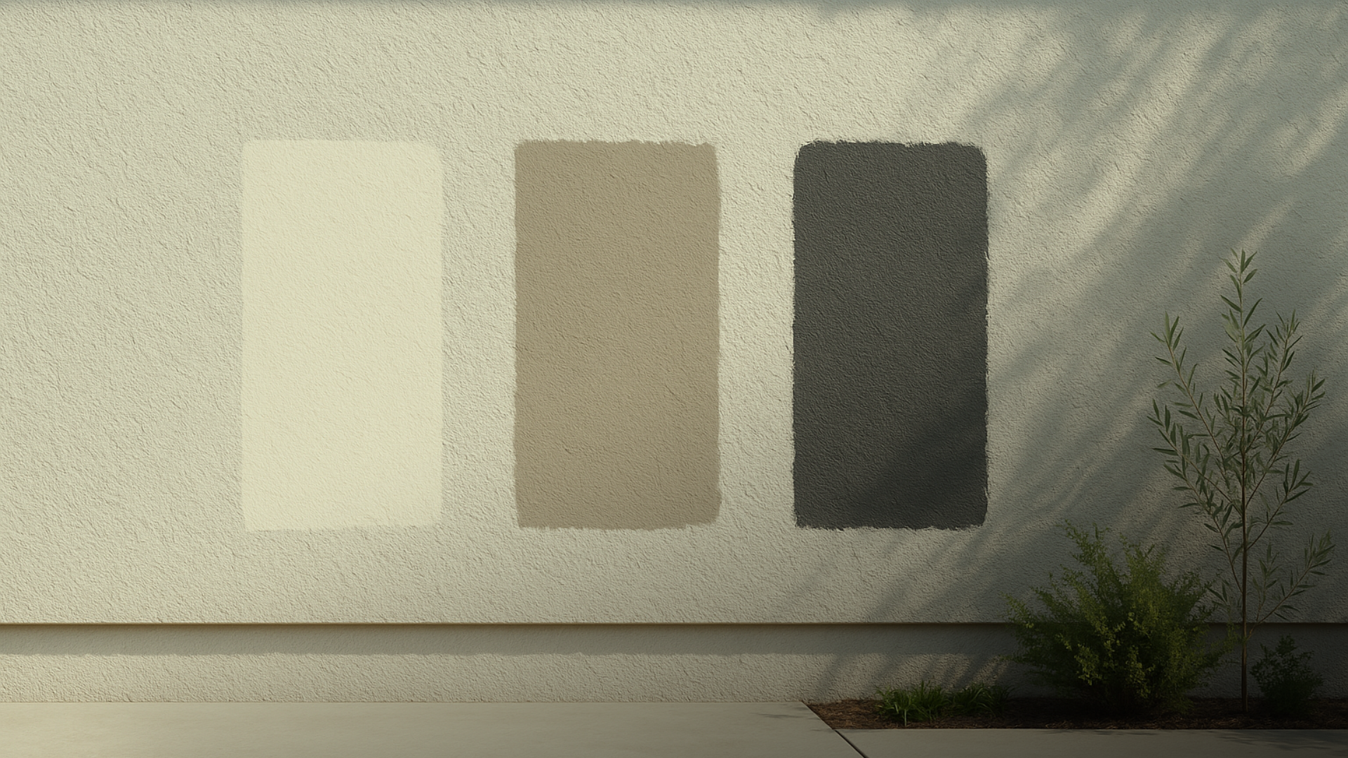 Teste de amostras de tinta na parede externa: três faixas verticais em tons neutros sob diferentes condições de luz