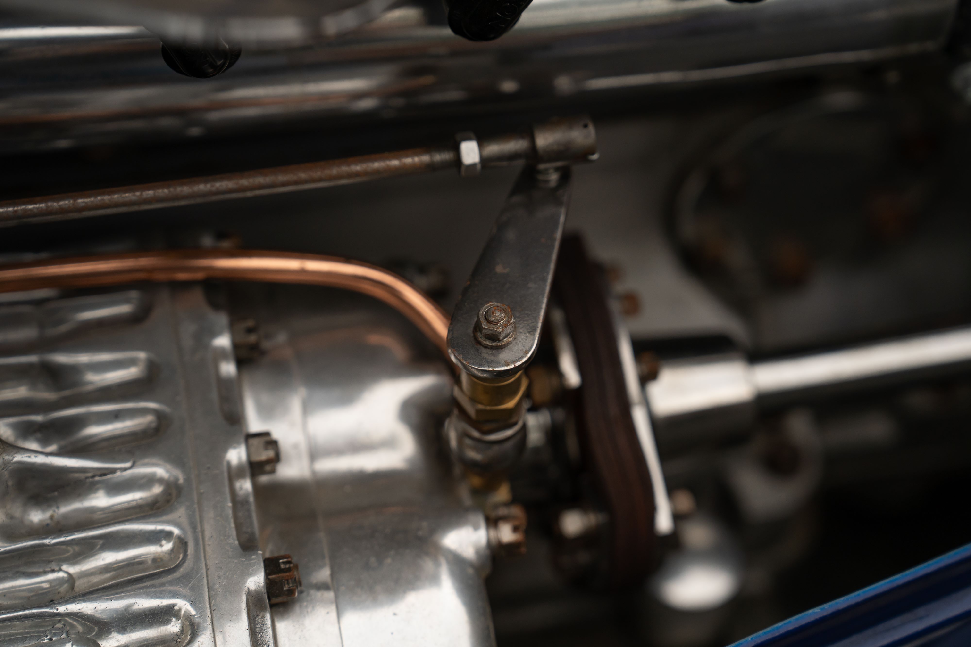 Engine bay of a Pur Sang Bugatti Type 35 in Blue over Brown shot in Austin, TX.