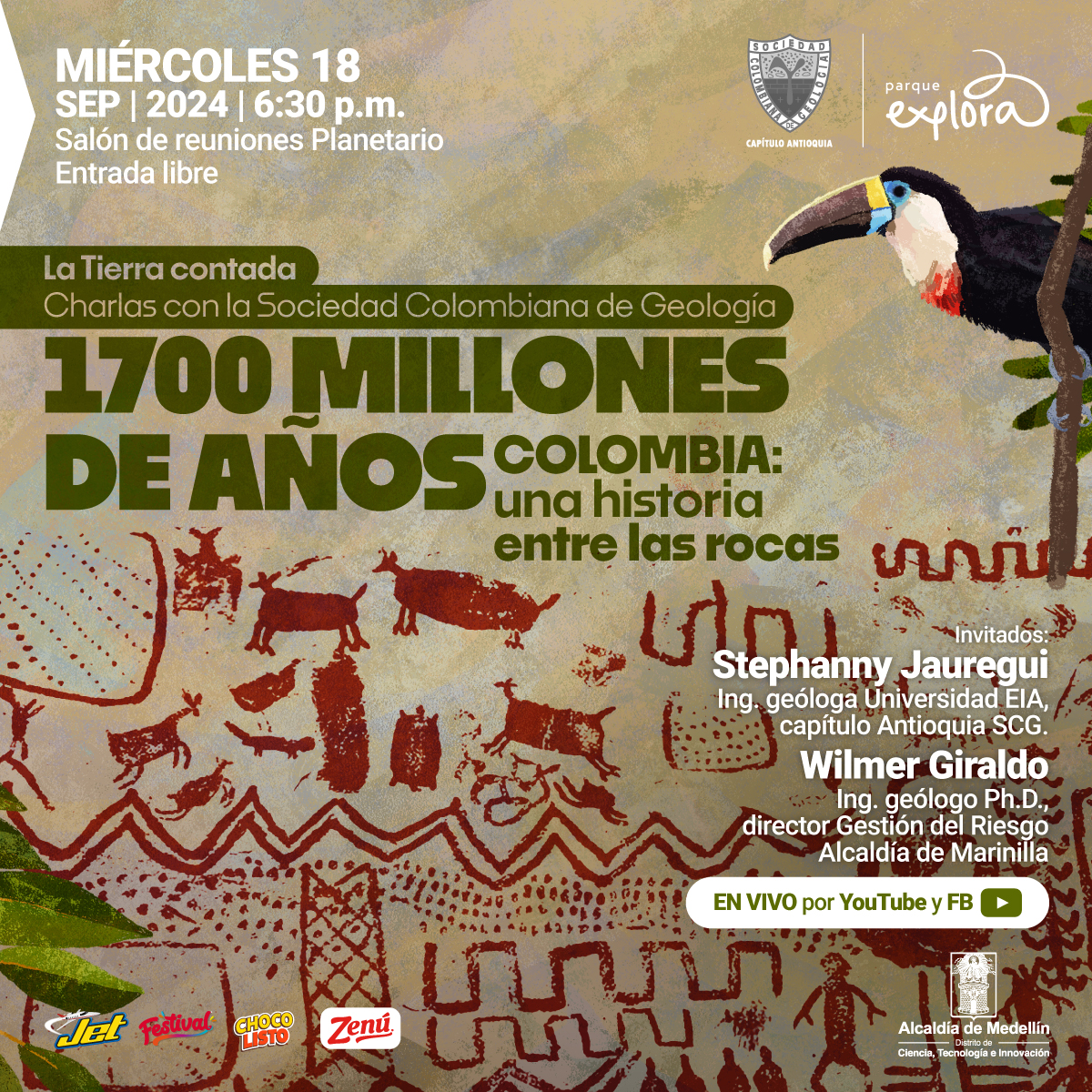 Foto. Sobre un fondo claro aparecen dibujos con pintura roja en la que se diferencian animales, personas y formas cuadradas, triangulares y puntos. En la parte superior de la imagen un texto que dice: "Miércoles 18 de septiembre de 2024 a las 6:30 de la tarde. Salón de reuniones Planetario. Entrada libre. La Tierra contada. Charlas con la Sociedad Colombiana de Geología. 1.700 millones de años. Colombia: una historia entre las rocas. Invitados: Stephanny Jauregui, ingeniera geóloga Universidad EIA, capítulo Antioquia SCG. Wilmer Giraldo, ingeniero geólogo, doctor, director Gestión del Riesgo Alcaldía de Marinilla. En vivo por YouTube y Facebook".