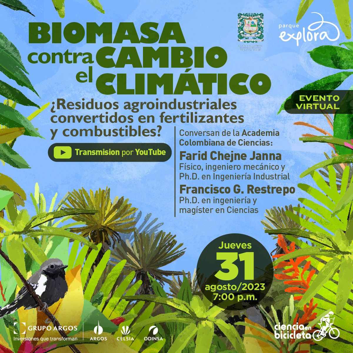 Ilustración. Sobre un fondo de árboles y arbustos aparece en la esquina inferior izquierda un pájaro gris pequeño sobre una ramita. En el centro de la imagen texto que dice: "Biomasa contra cambio climático. ¿Residuos agroindustriales convertidos en fertilizantes y combustibles? Conversan de la Academia Colombiana de Ciencias: Farid Chejne Janna, físico, ingeniero mecánico y doctor en Ingeniería Industrial. Francisco G. Restrepo, doctor en ingeniería y magíster en Ciencias. Jueves 31 de agosto de 2023 a las 7 de la noche. Transmisión por YouTube".