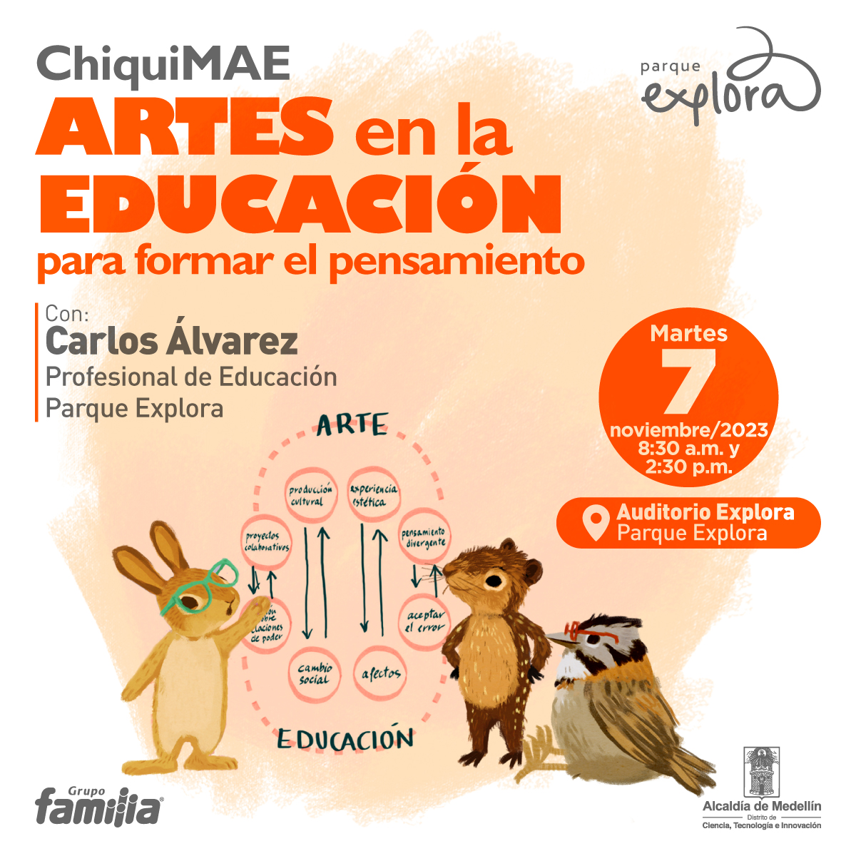 art-thinking.jpgIlustración. Abajo un conejo, un pájaro y una guagua. El conejo y el pájaro usan gafas. El pájaro sentado y la guagua de pie a la derecha de un esquema. El conejo se para en sus patas traseras a la izquierda del esquema y lo señala con una pata delantera. En el esquema se presenta arriba la palabra “Arte” y de ella se desprenden los textos “producción cultural”, “experiencia estética”, “proyectos colaborativos” y “pensamiento divergente”. Y abajo se presenta la palabra ”Educación” y, hacia arriba, de ella se desprenden “cambio social”, “afectos”, “aceptar el error” y otro, tapada parcialmente por la mano del conejo deja leer “relaciones de poder” Las palabras de arte se conectan con flechas en doble dirección a las palabras de educación. Arriba del esquema y de la ilustración un texto dice: “ChiquiMAE. Artes en la educación para formar el pensamiento. Con: Carlos Álvarez, profesional de Educación Parque Explora. Martes 7 de noviembre de 2023 a las 8:30 de la mañana y 2:30 de la tarde. Auditorio Explora”