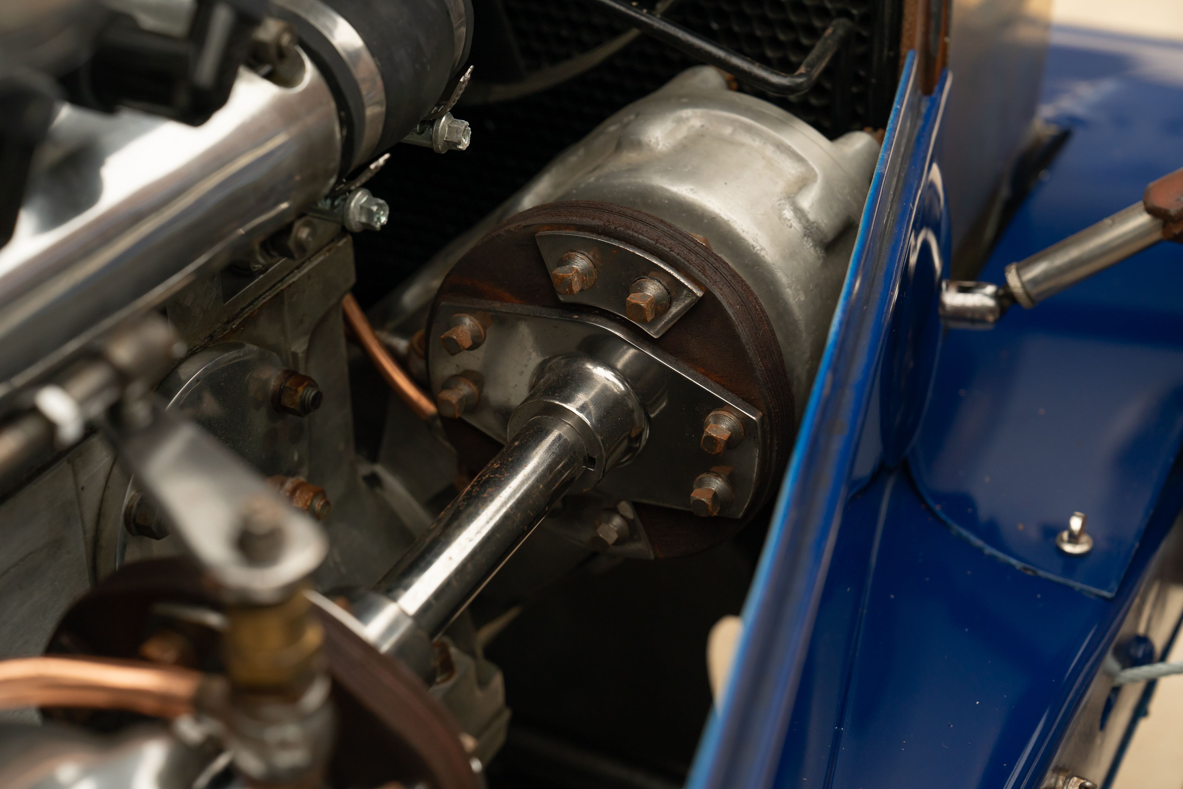 Engine bay of a Pur Sang Bugatti Type 35 in Blue over Brown shot in Austin, TX.