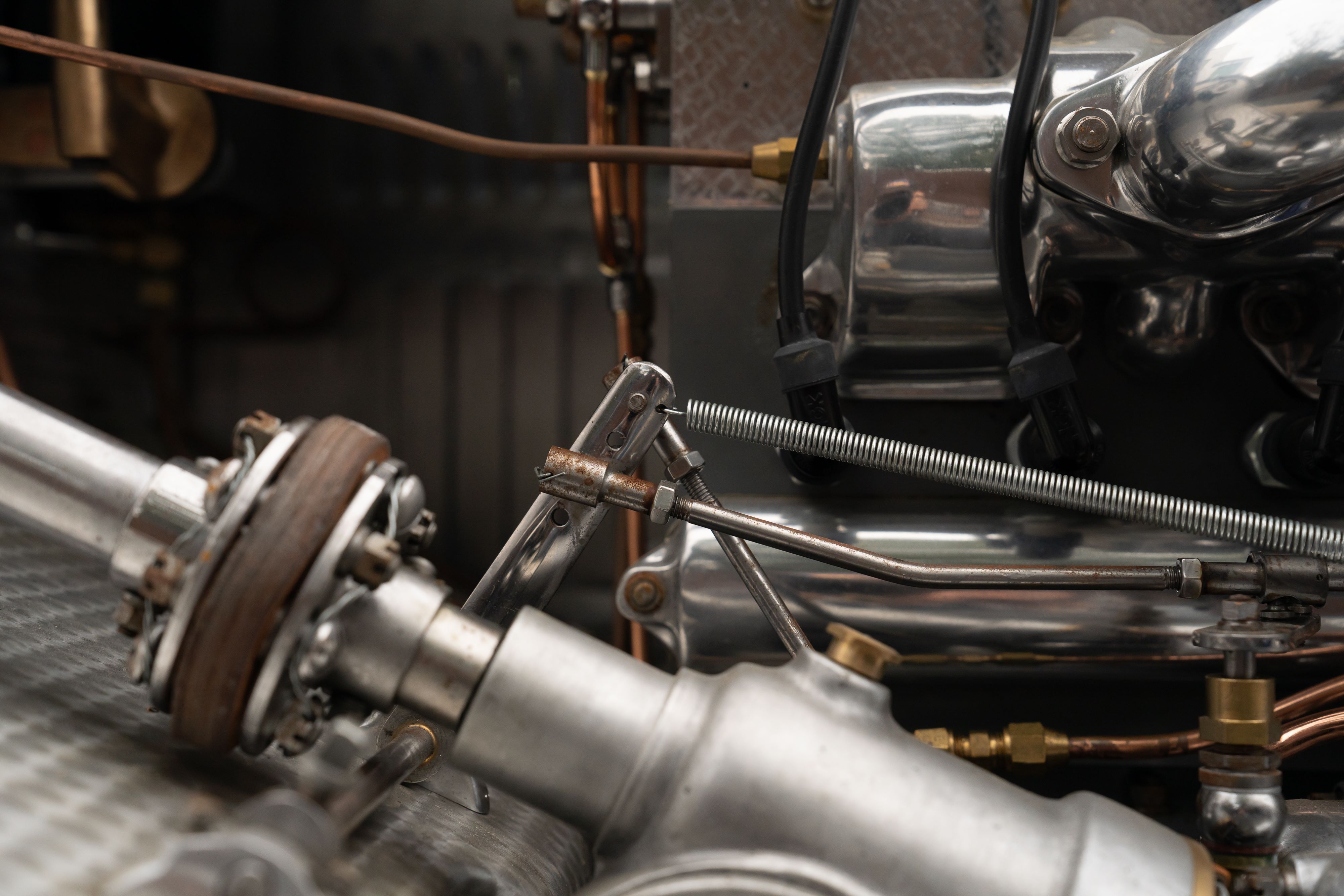 Engine bay of a Pur Sang Bugatti Type 35 in Blue over Brown shot in Austin, TX.