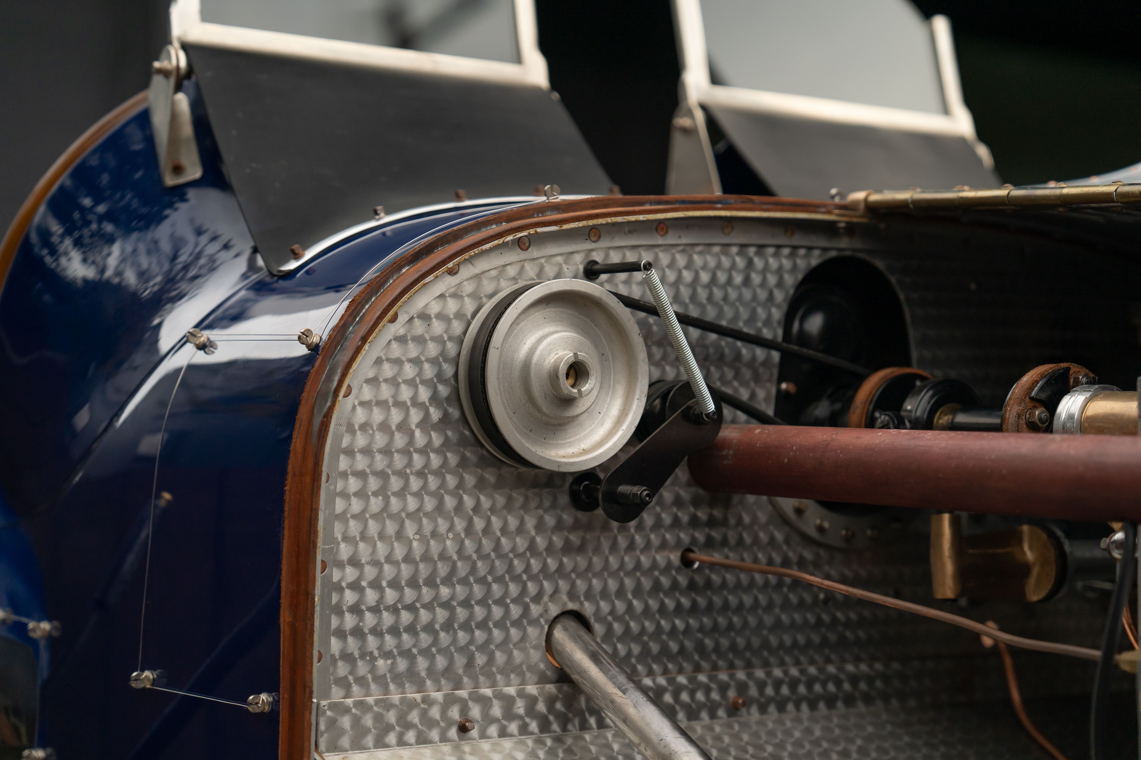 Engine bay of a Pur Sang Bugatti Type 35 in Blue over Brown shot in Austin, TX.