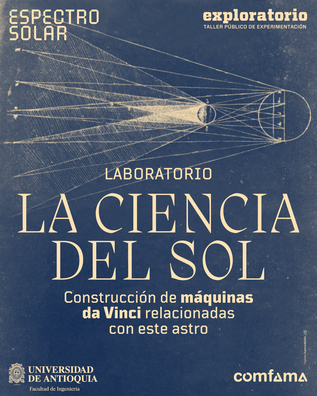 Ilustración. Sobre un fondo oscuro con textura envejecida, se representa un esquema óptico compuesto por múltiples líneas que parten desde la izquierda y convergen hacia un punto central, atravesando una esfera, para luego proyectarse hacia una figura circular segmentada a la derecha; las líneas sugieren trayectorias de luz y formación de imágenes. En la parte superior izquierda aparece el texto: «Espectro solar». En la parte superior derecha se lee: «Taller público de experimentación». En el centro superior: «Laboratorio». En la zona central, en gran formato: «La ciencia del sol». Debajo, un texto: «Construcción de máquinas da Vinci relacionadas con este astro».