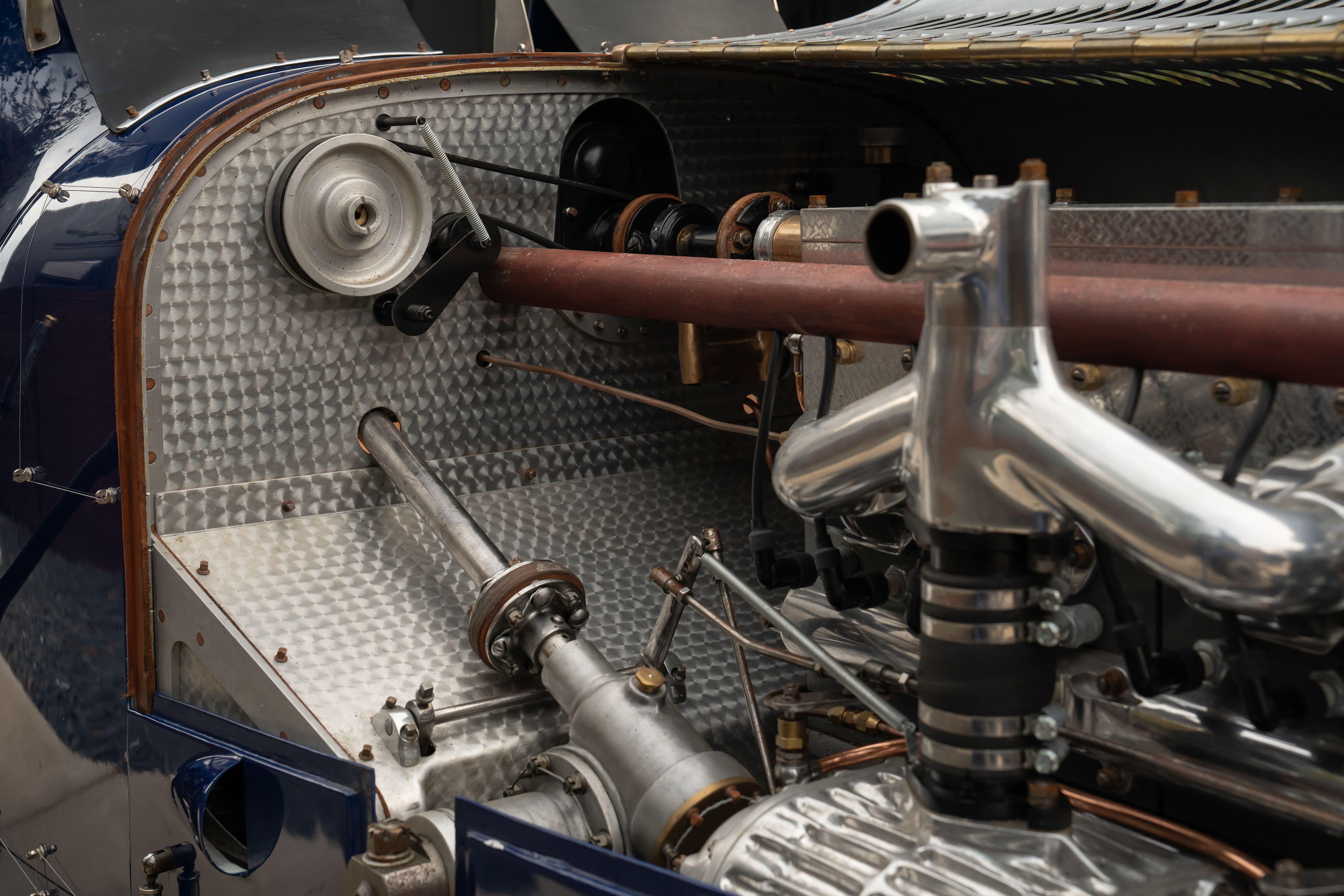 Engine bay of a Pur Sang Bugatti Type 35 in Blue over Brown shot in Austin, TX.