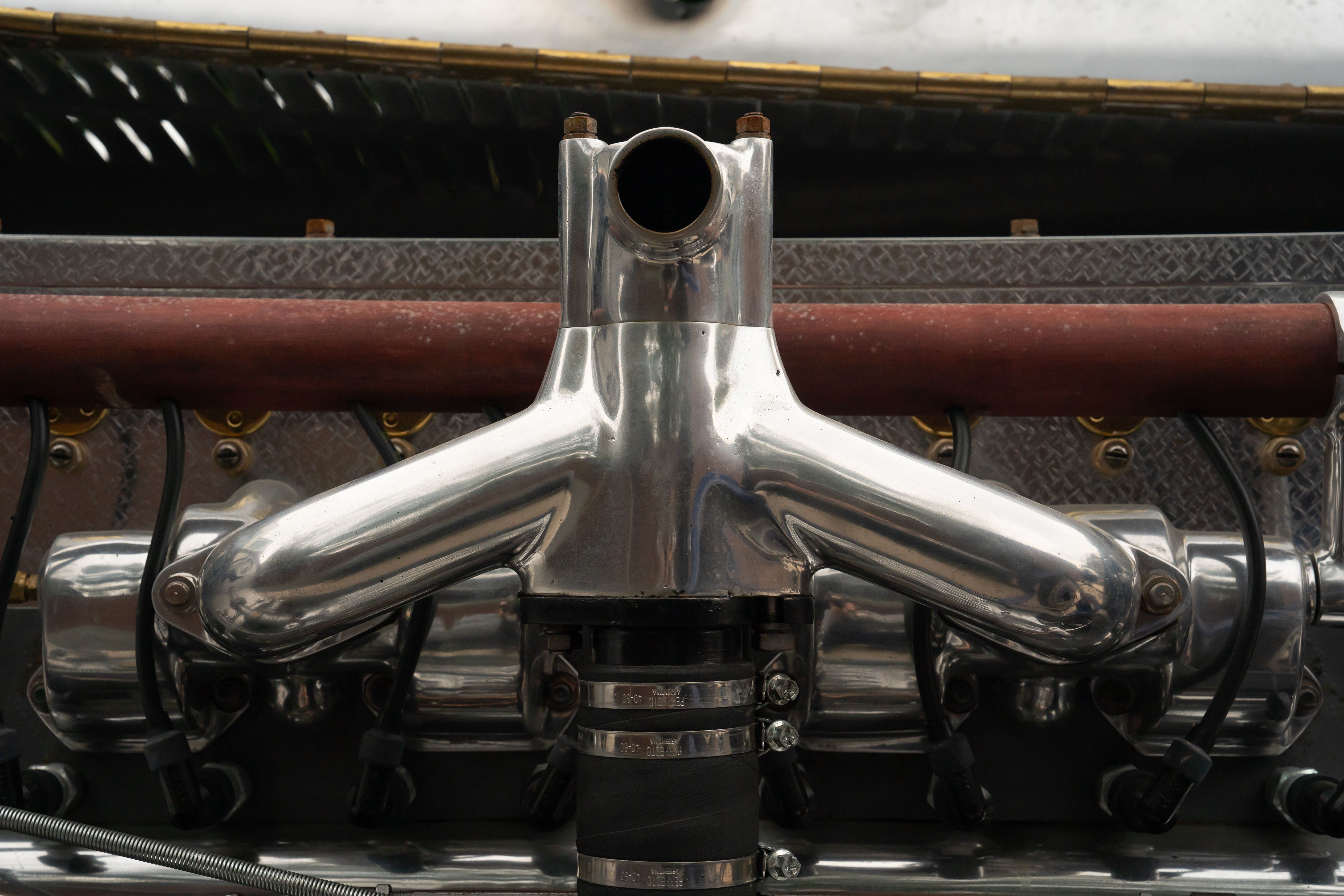 Engine bay of a Pur Sang Bugatti Type 35 in Blue over Brown shot in Austin, TX.