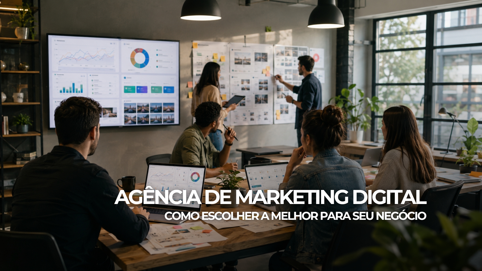 Banner sobre agência de marketing digital com equipe analisando estratégias, campanhas e presença online de uma empresa