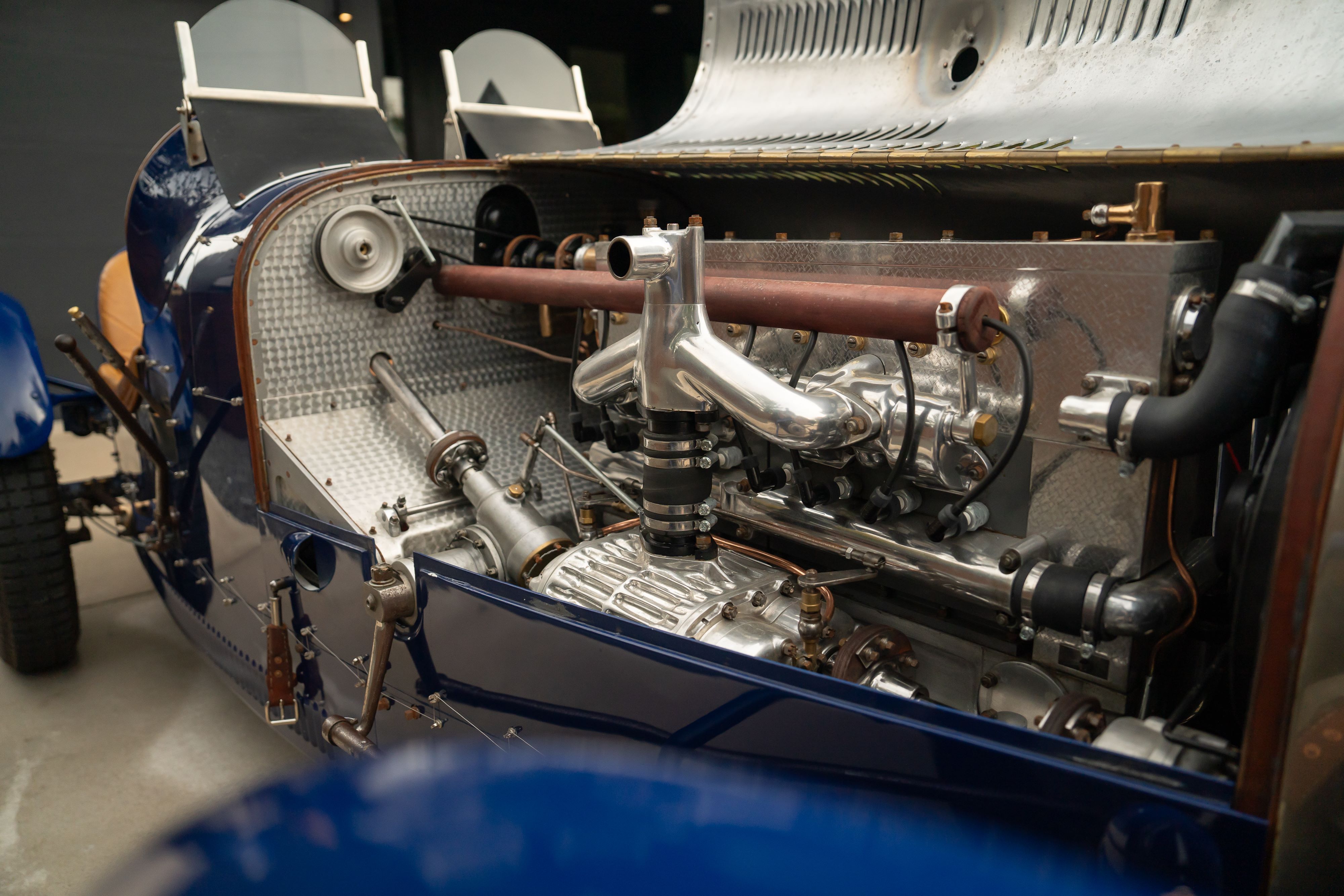 Engine bay of a Pur Sang Bugatti Type 35 in Blue over Brown shot in Austin, TX.