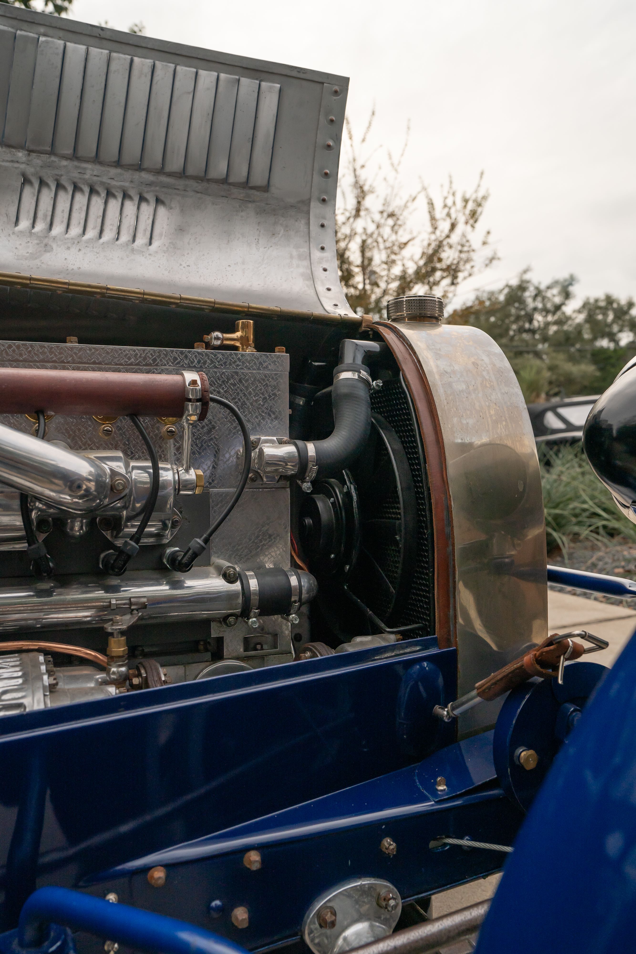 Engine bay of a Pur Sang Bugatti Type 35 in Blue over Brown shot in Austin, TX.