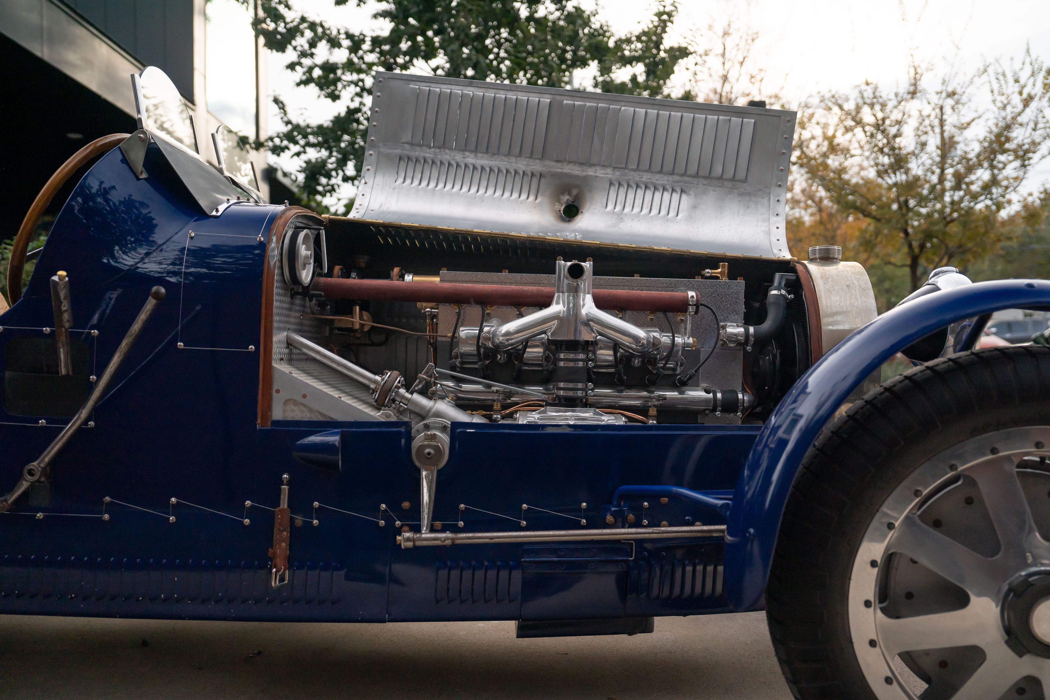 Engine bay of a Pur Sang Bugatti Type 35 in Blue over Brown shot in Austin, TX.