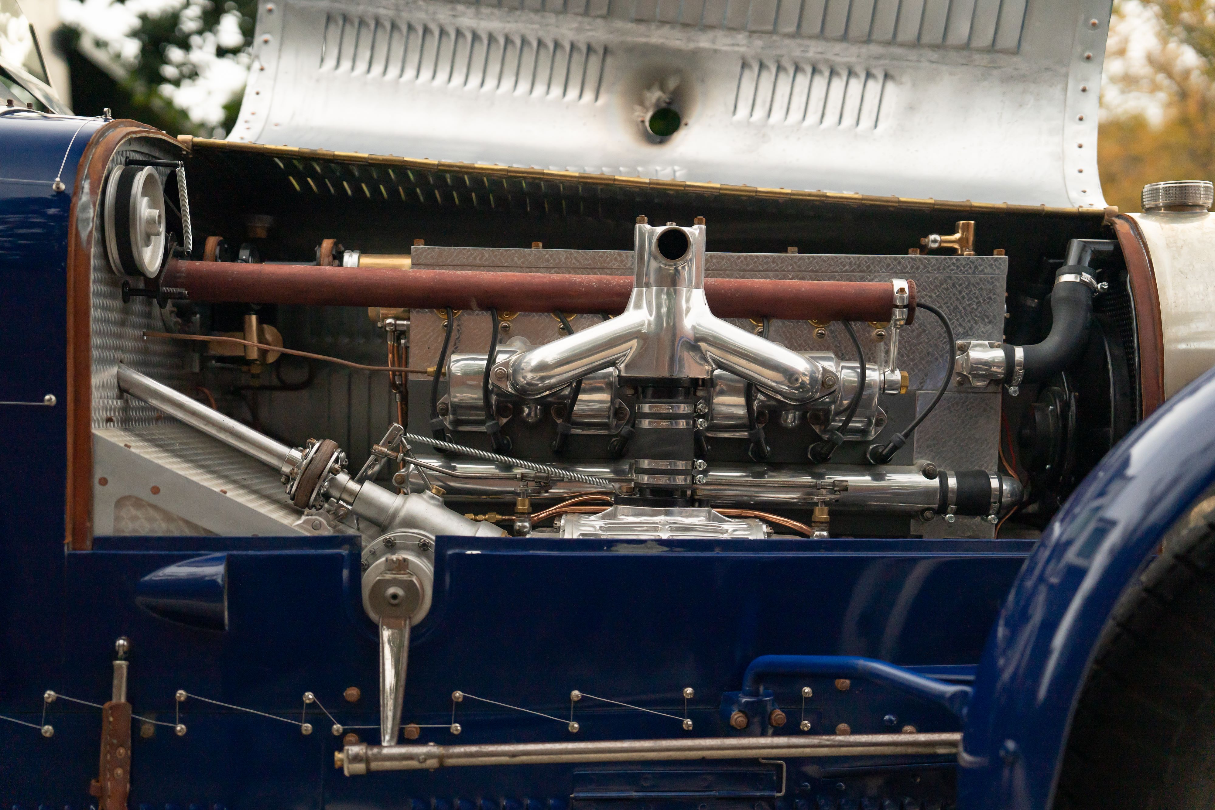 Engine bay of a Pur Sang Bugatti Type 35 in Blue over Brown shot in Austin, TX.