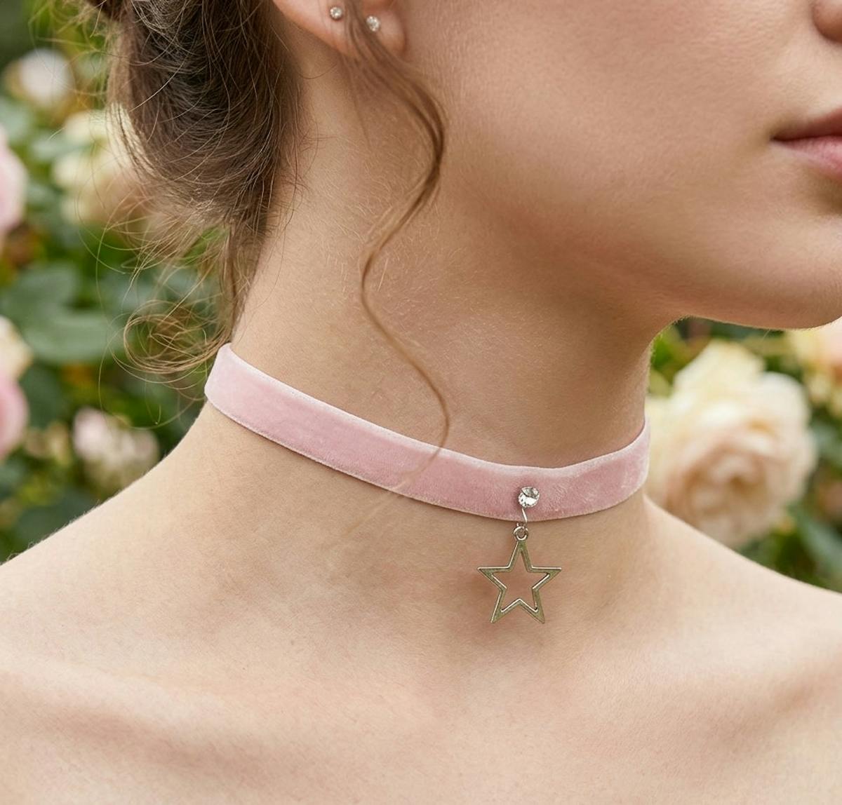 Pink Velvet Choker Necklace with Stencil Star Charm and Rhinestone at the center. Adjustable chain and lobster clasp.