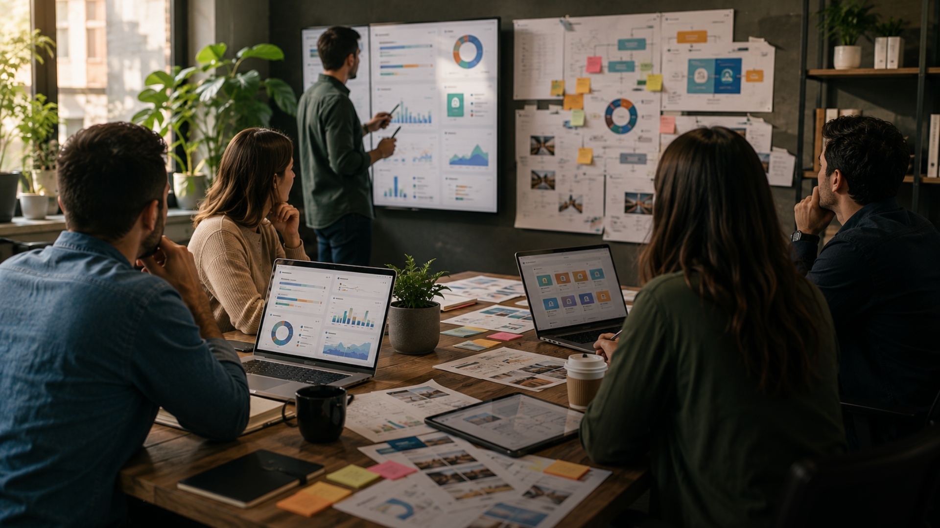Profissionais de marketing digital analisando planejamento estratégico, métricas e canais online em uma reunião colaborativa