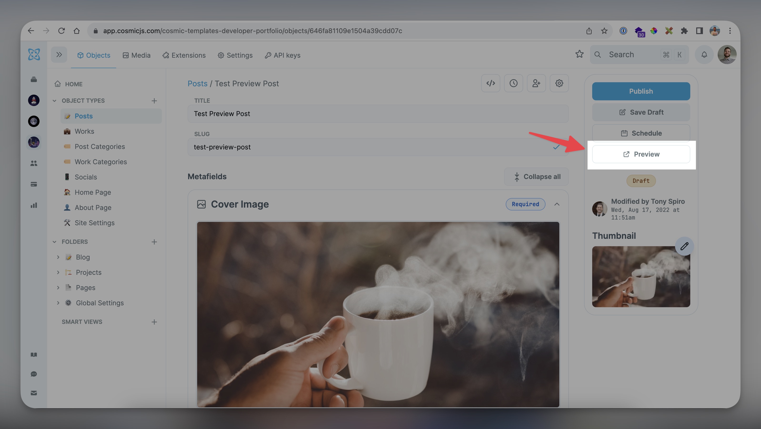 Selecting the preview button to preview a blog post in the Cosmic dashboard