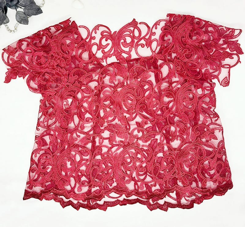 Red Lace Sheer Shirt Cap Sleeve Top