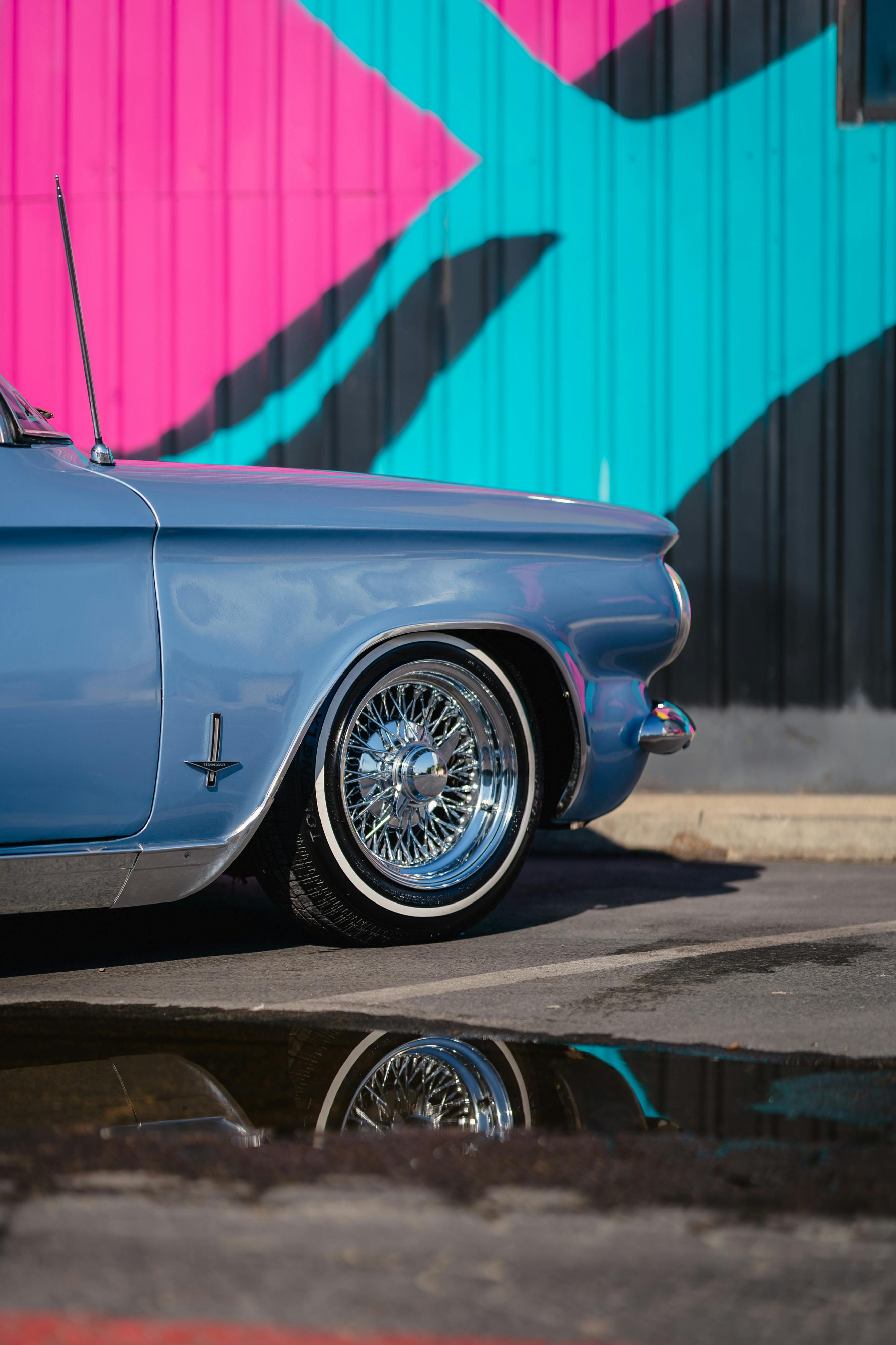 1966 Chevrolet Corvair Convertible in Blue with white interior shot in Austin, TX near St. Elmo.