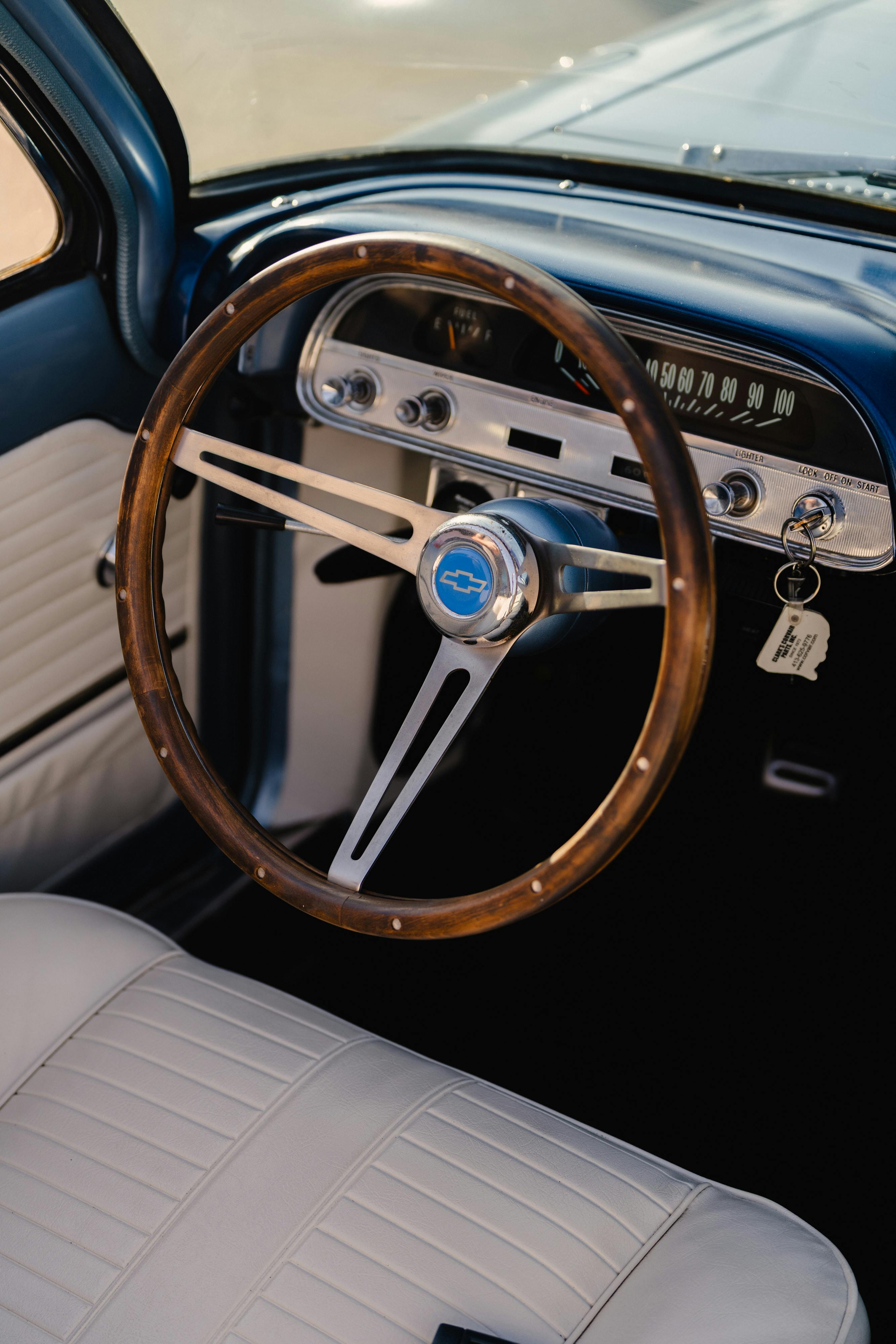 1966 Chevrolet Corvair Convertible in Blue with white interior shot in Austin, TX near St. Elmo.