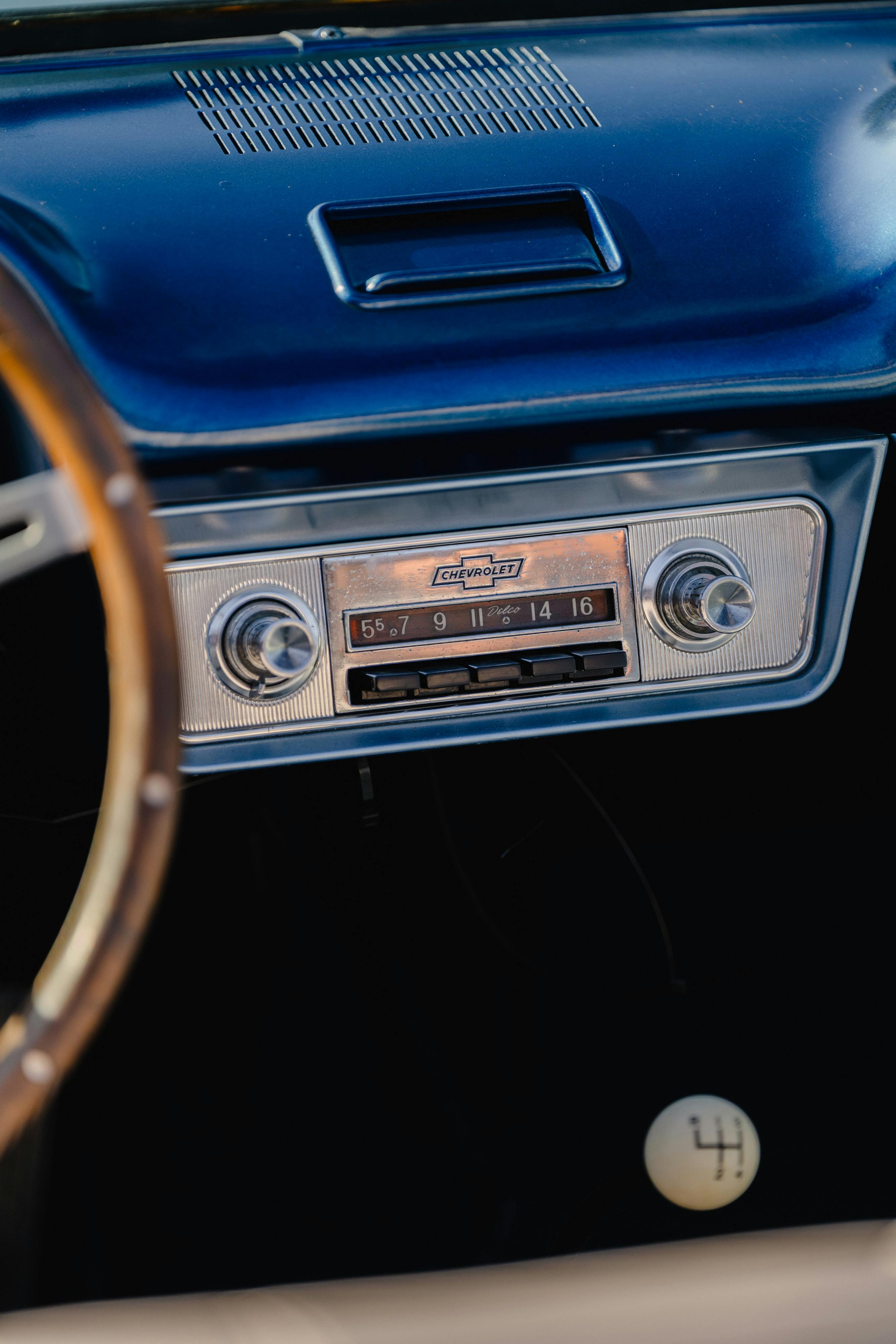 1966 Chevrolet Corvair Convertible in Blue with white interior shot in Austin, TX near St. Elmo.