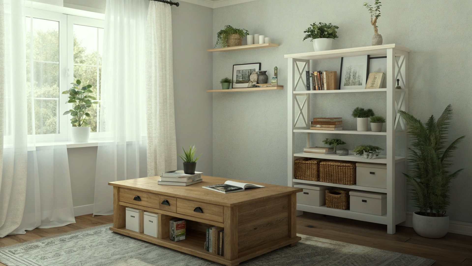 Canto de sala compacta estilo escandinavo com móveis multifuncionais e prateleiras.