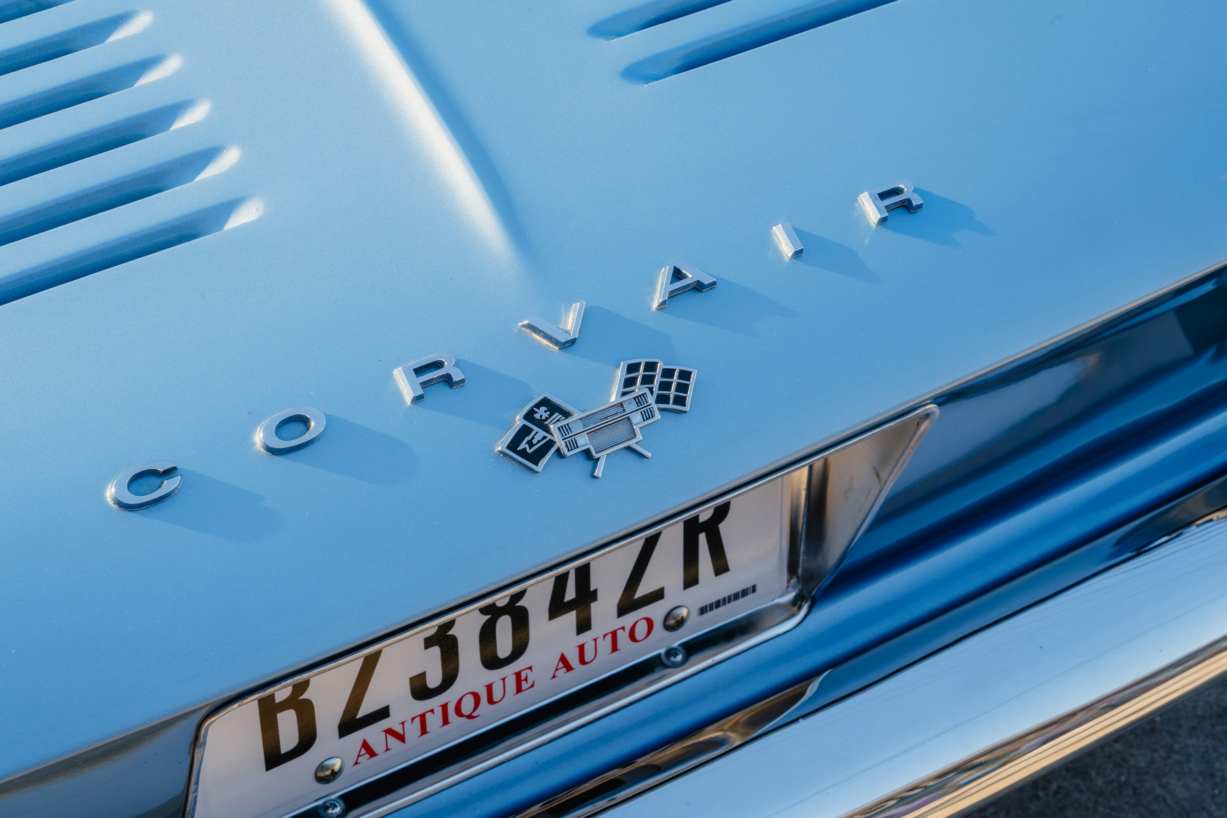1966 Chevrolet Corvair Convertible in Blue with white interior shot in Austin, TX near St. Elmo.
