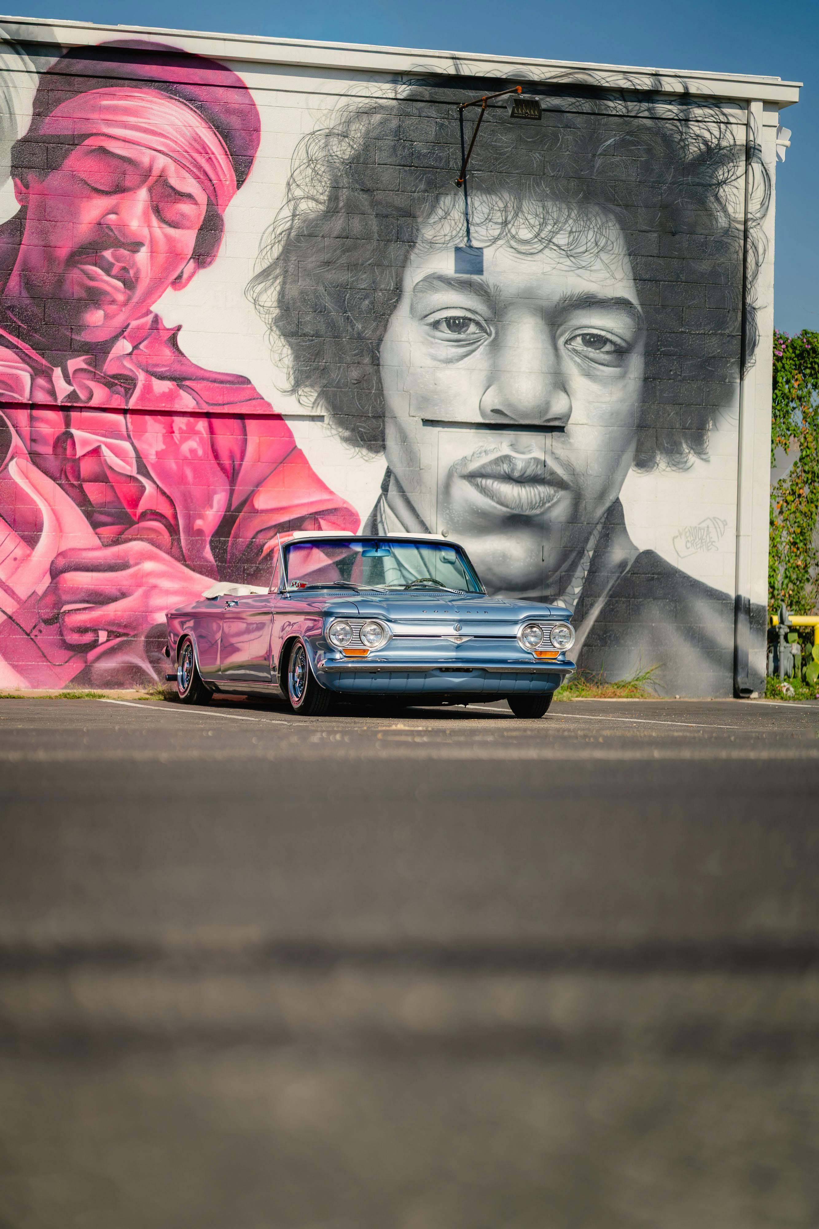 1966 Chevrolet Corvair Convertible in Blue with white interior shot in Austin, TX near St. Elmo.