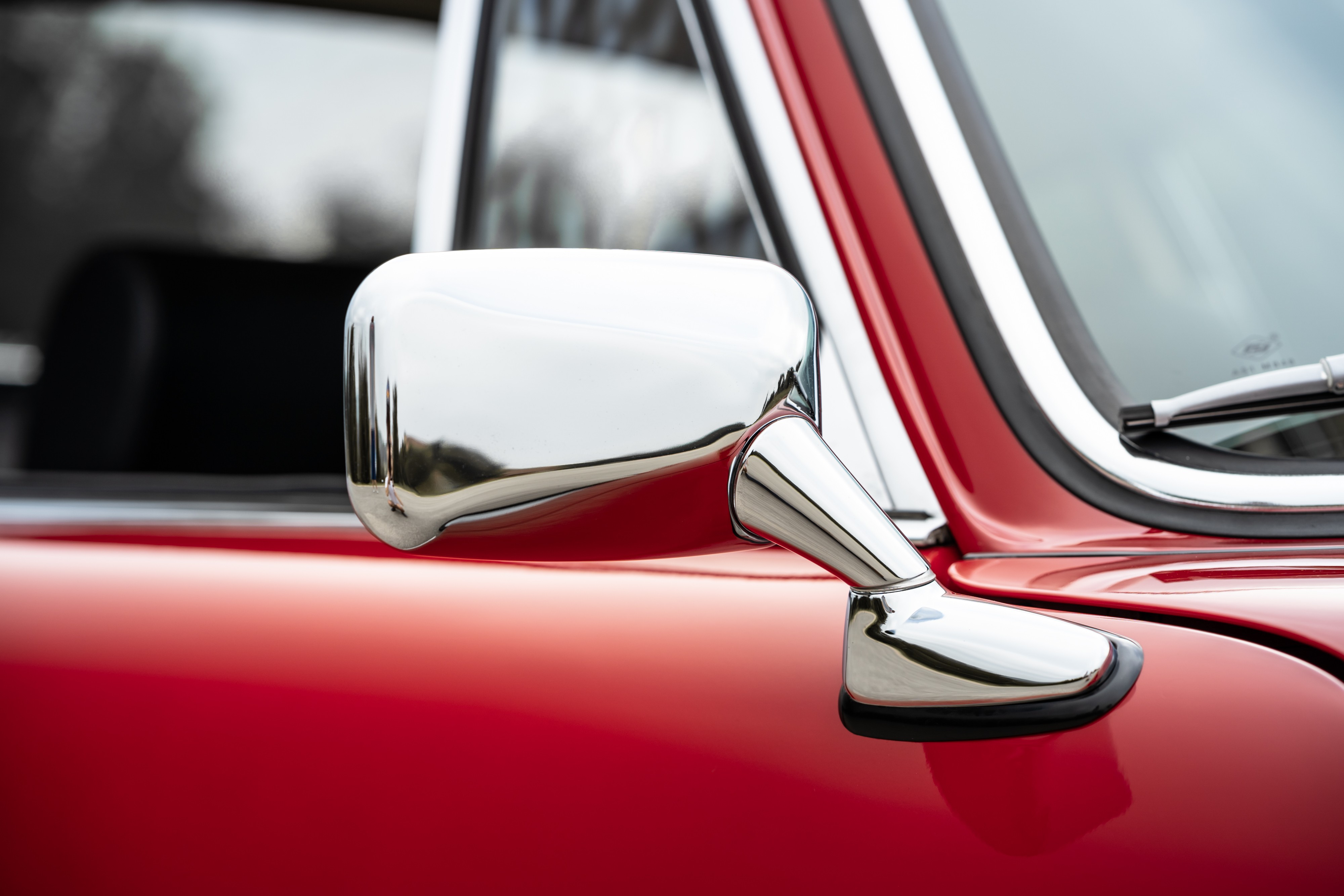 Rearview mirror on a 3.0L swapped 1967 Porsche 912 Coupe in Dripping Springs, TX.