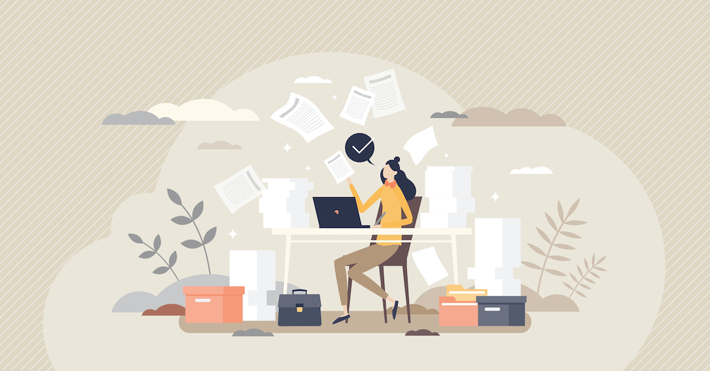 Flat illustration of a woman working on paperwork