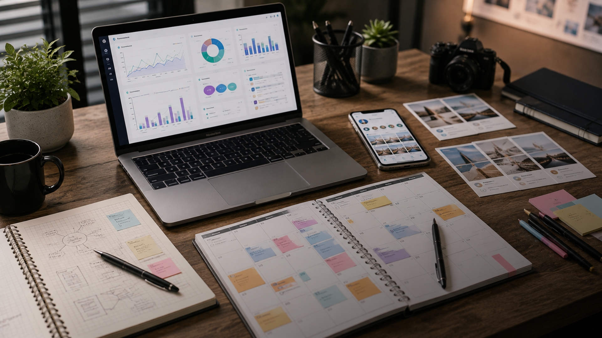Mesa de planejamento de gestão de redes sociais com calendário editorial, métricas, conteúdo estratégico e ferramentas digitais