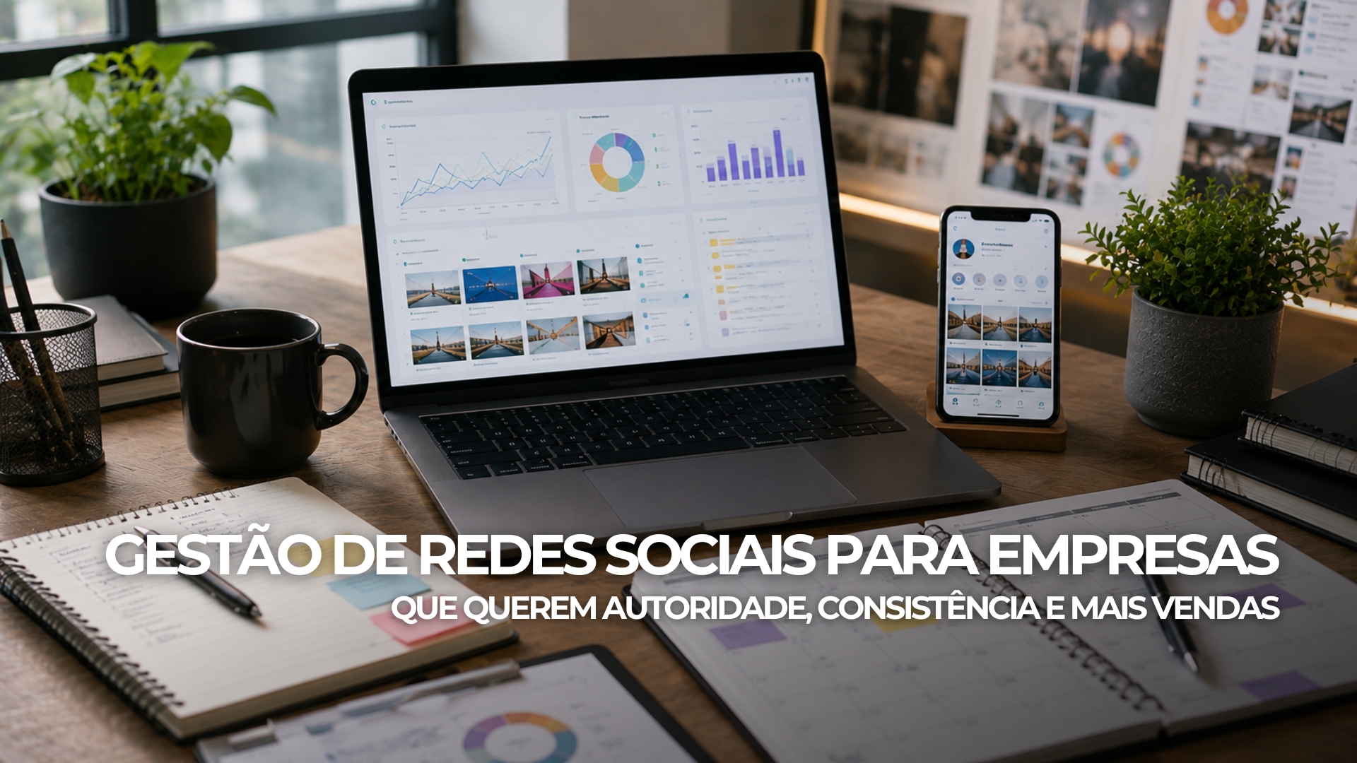 Banner sobre gestão de redes sociais com calendário editorial, métricas, conteúdo estratégico e presença digital profissional
